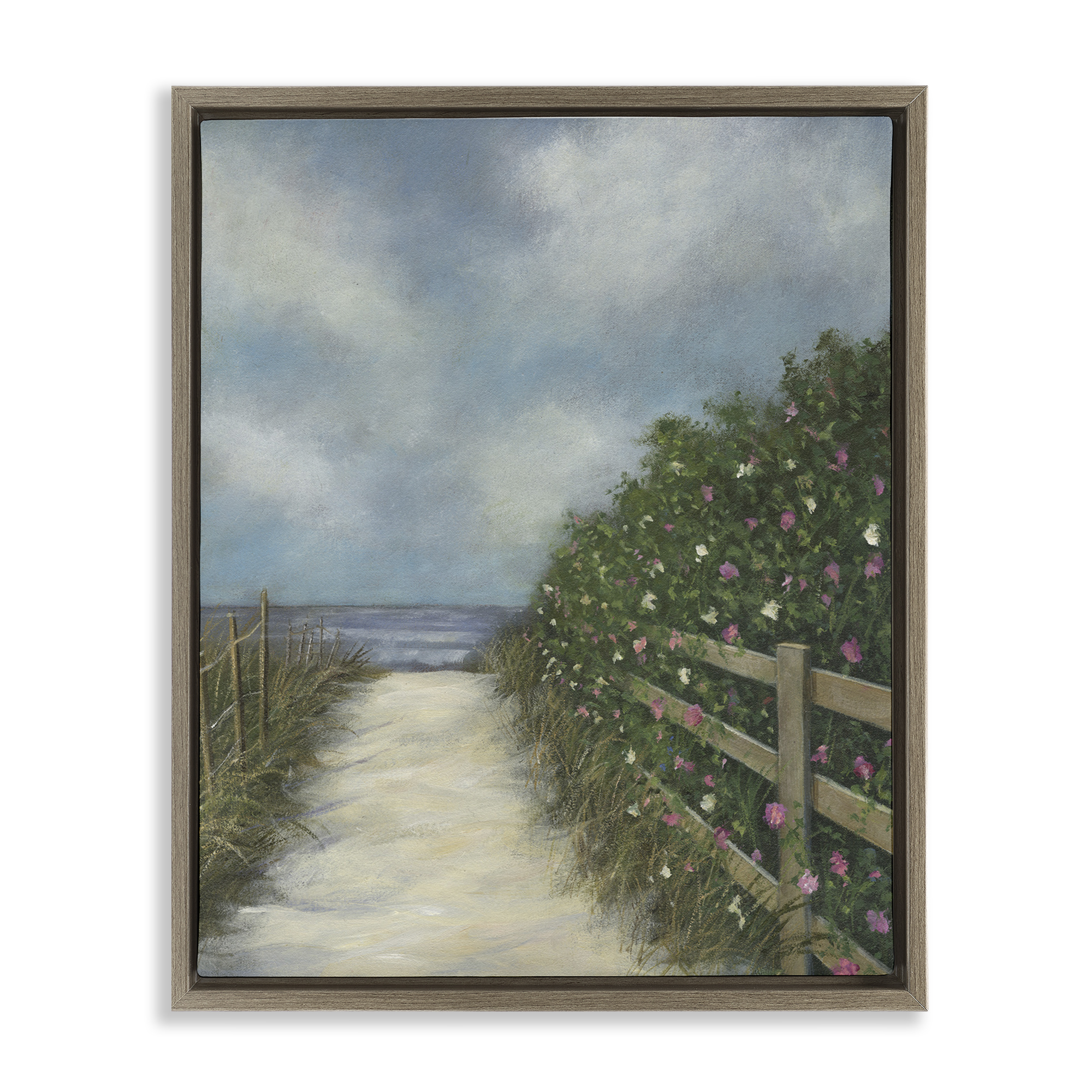 Stupell Industries Floral Lined Beach Path Landscape Painting Brown Floater Framed Canvas Art Print Wall Art, 17 x 21