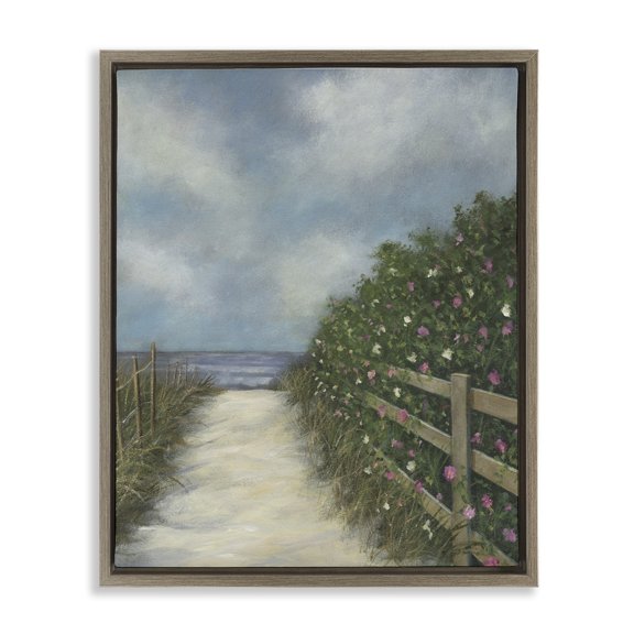 Stupell Industries Floral Lined Beach Path Landscape Painting Brown Floater Framed Canvas Art Print Wall Art, 25 x 31