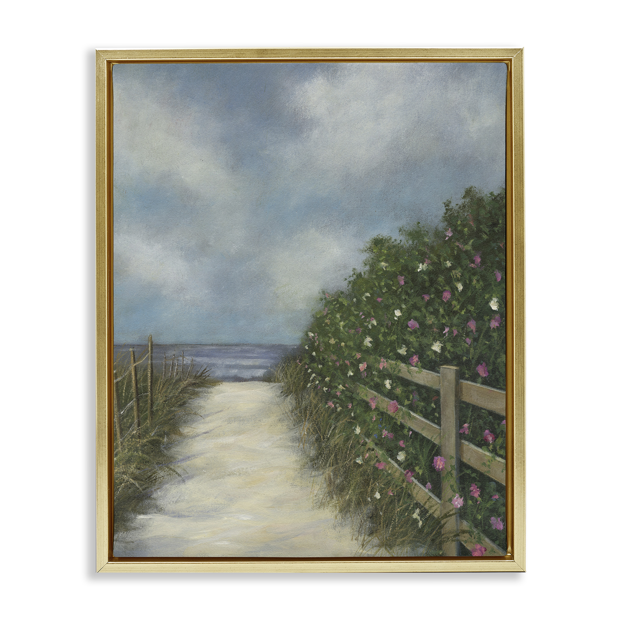 Stupell Industries Floral Lined Beach Path Landscape Painting Gold Floater Framed Canvas Art Print Wall Art, 17 x 21