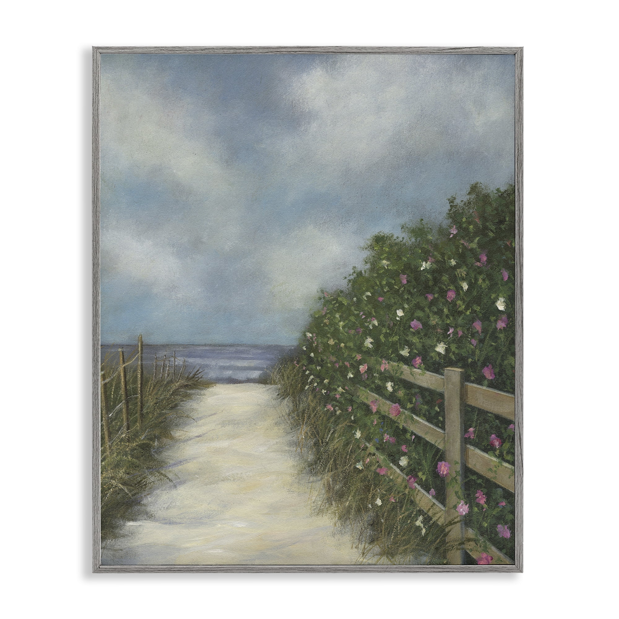 Stupell Industries Floral Lined Beach Path Landscape Painting Gray Framed Art Print Wall Art, 16 x 20