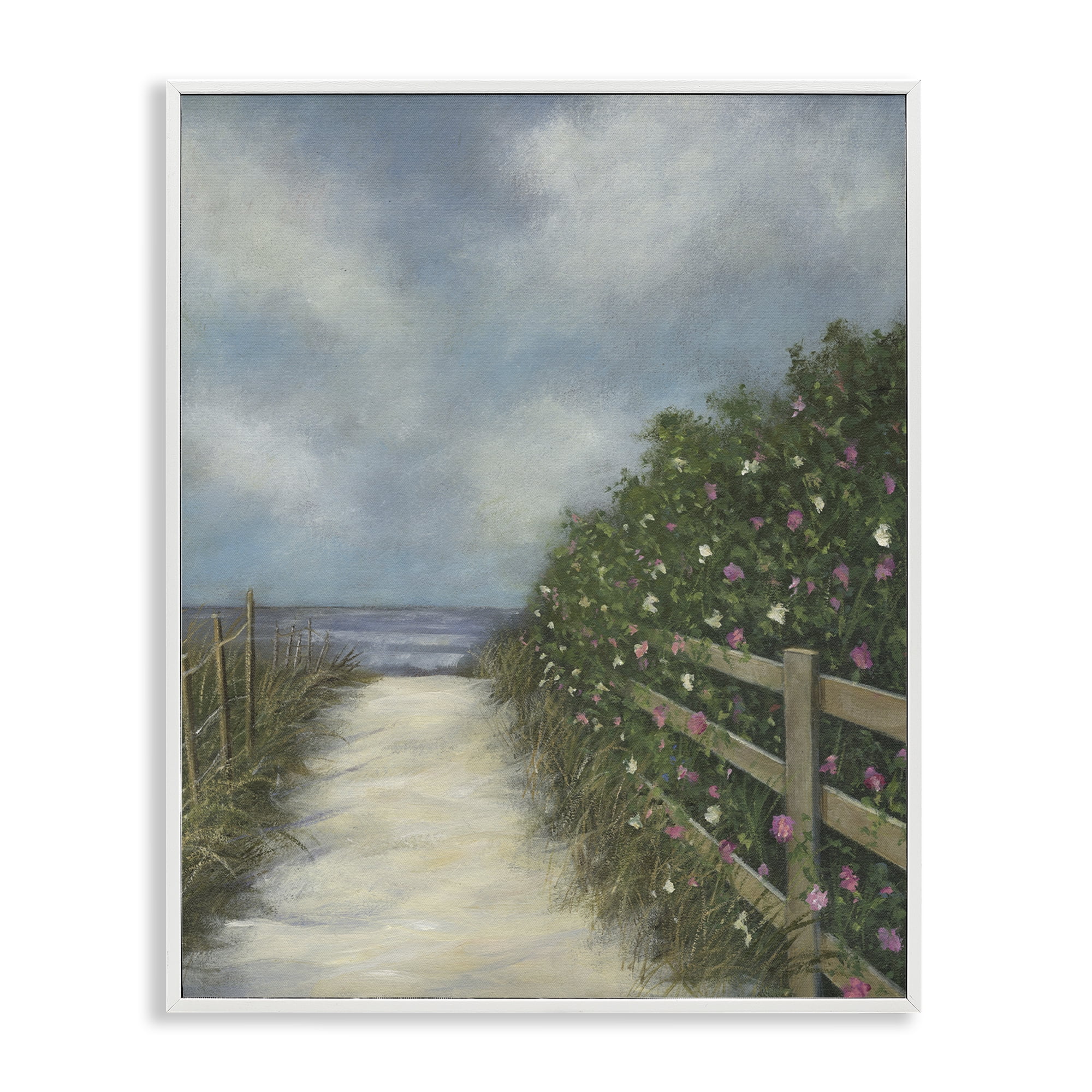 Stupell Industries Floral Lined Beach Path Landscape Painting White Framed Art Print Wall Art, 11 x 14