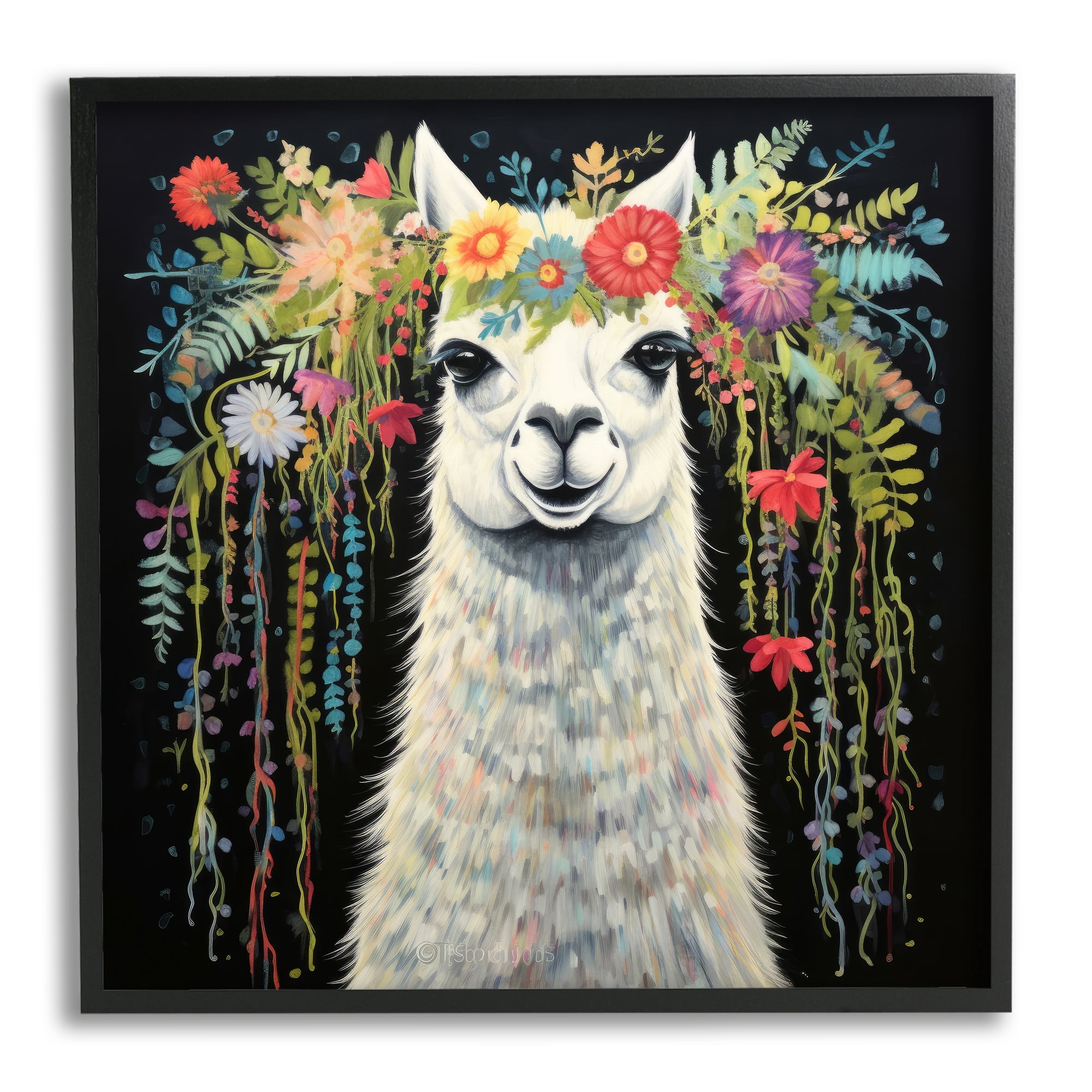 Stupell Industries Floral Llama on Black Animals & Insects Painting Black Framed Art Print Wall Art, 17 x 17