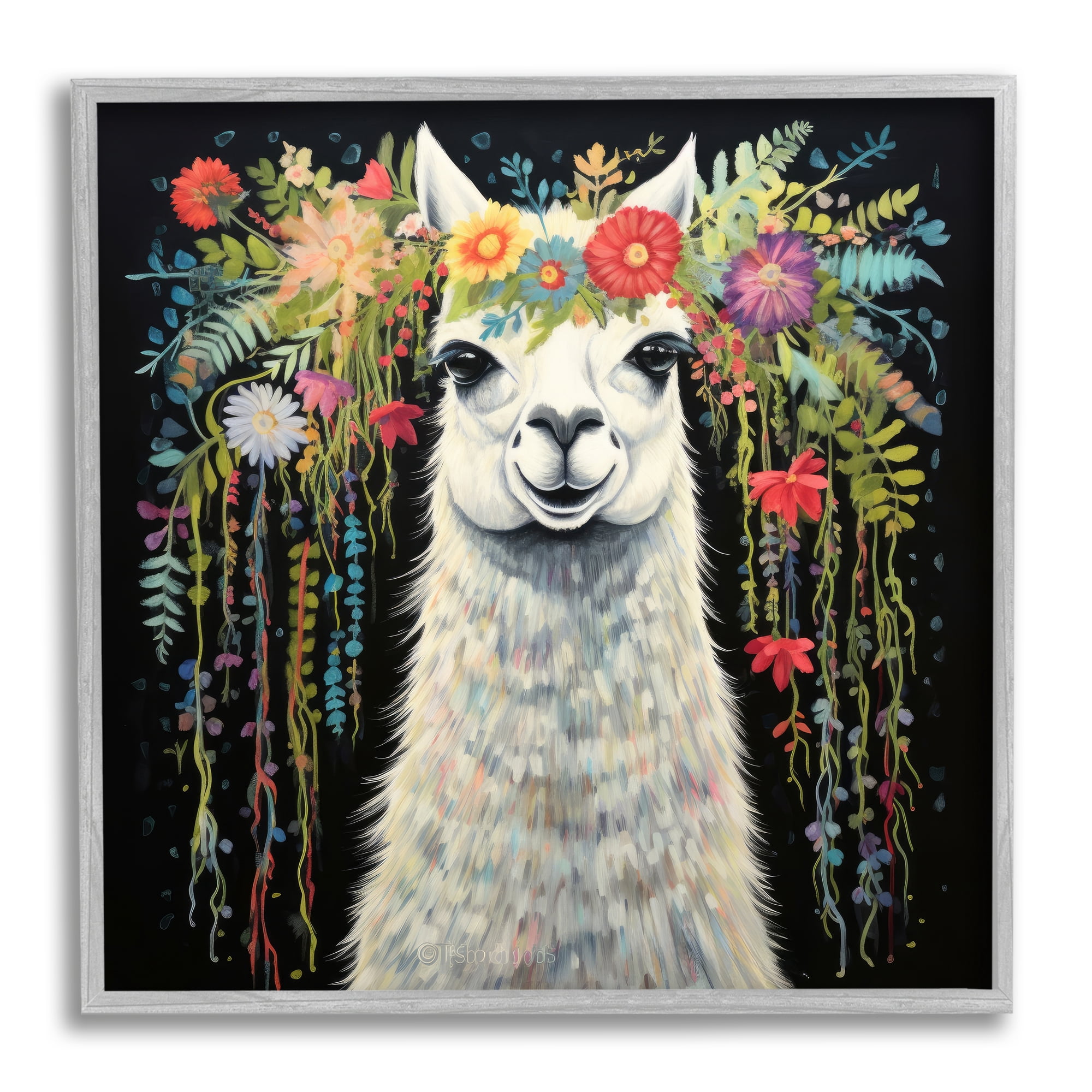 Stupell Industries Floral Llama on Black Animals & Insects Painting Gray Framed Art Print Wall Art, 12 x 12