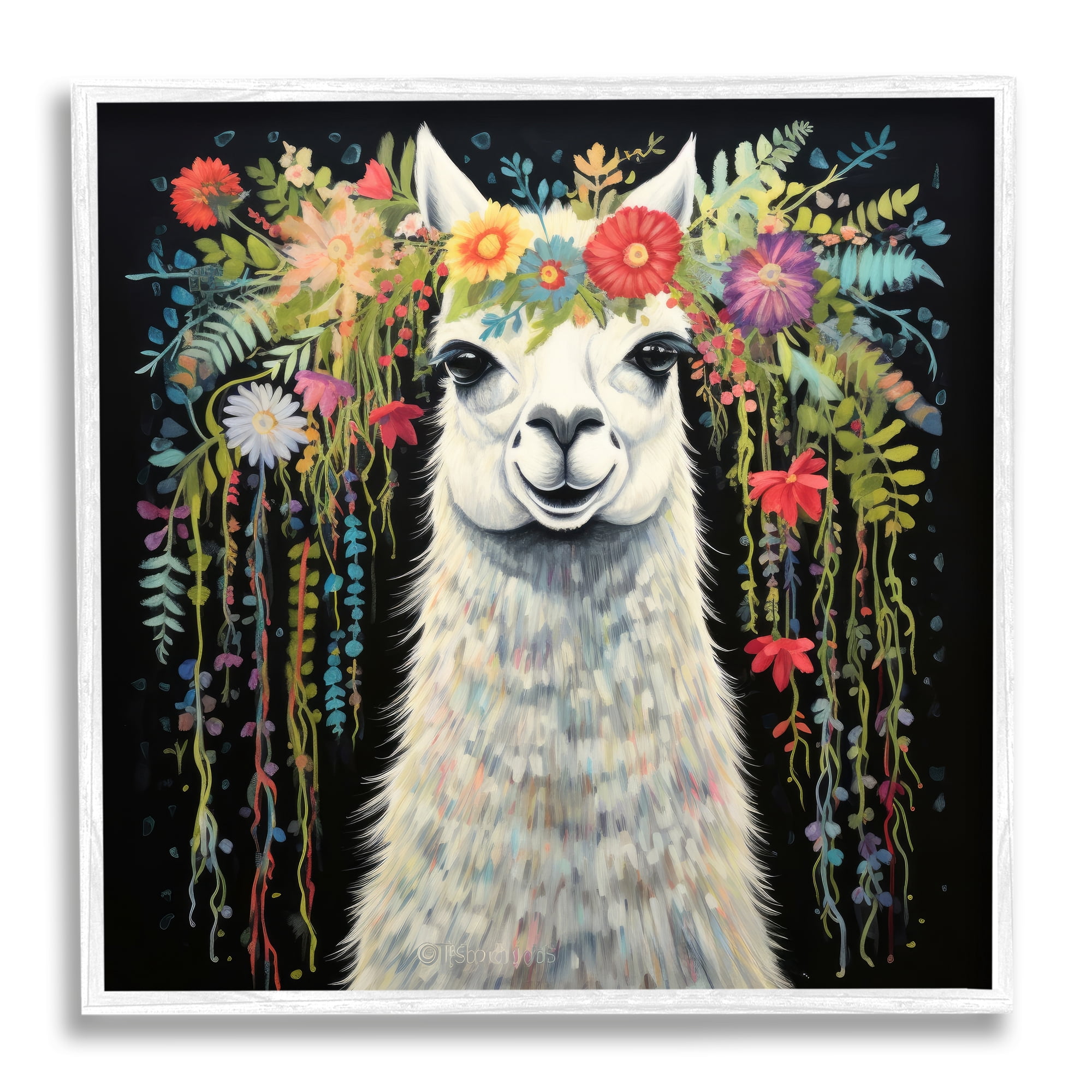 Stupell Industries Floral Llama on Black Animals & Insects Painting White Framed Art Print Wall Art, 12 x 12