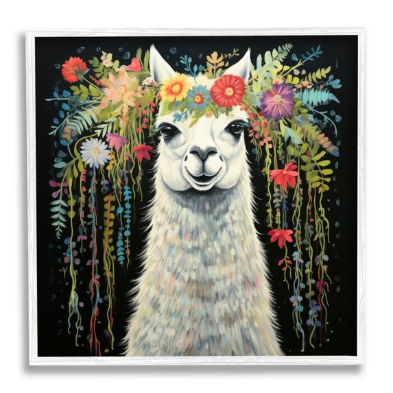 Stupell Industries Floral Llama on Black Animals & Insects Painting White Framed Art Print Wall Art, 17 x 17