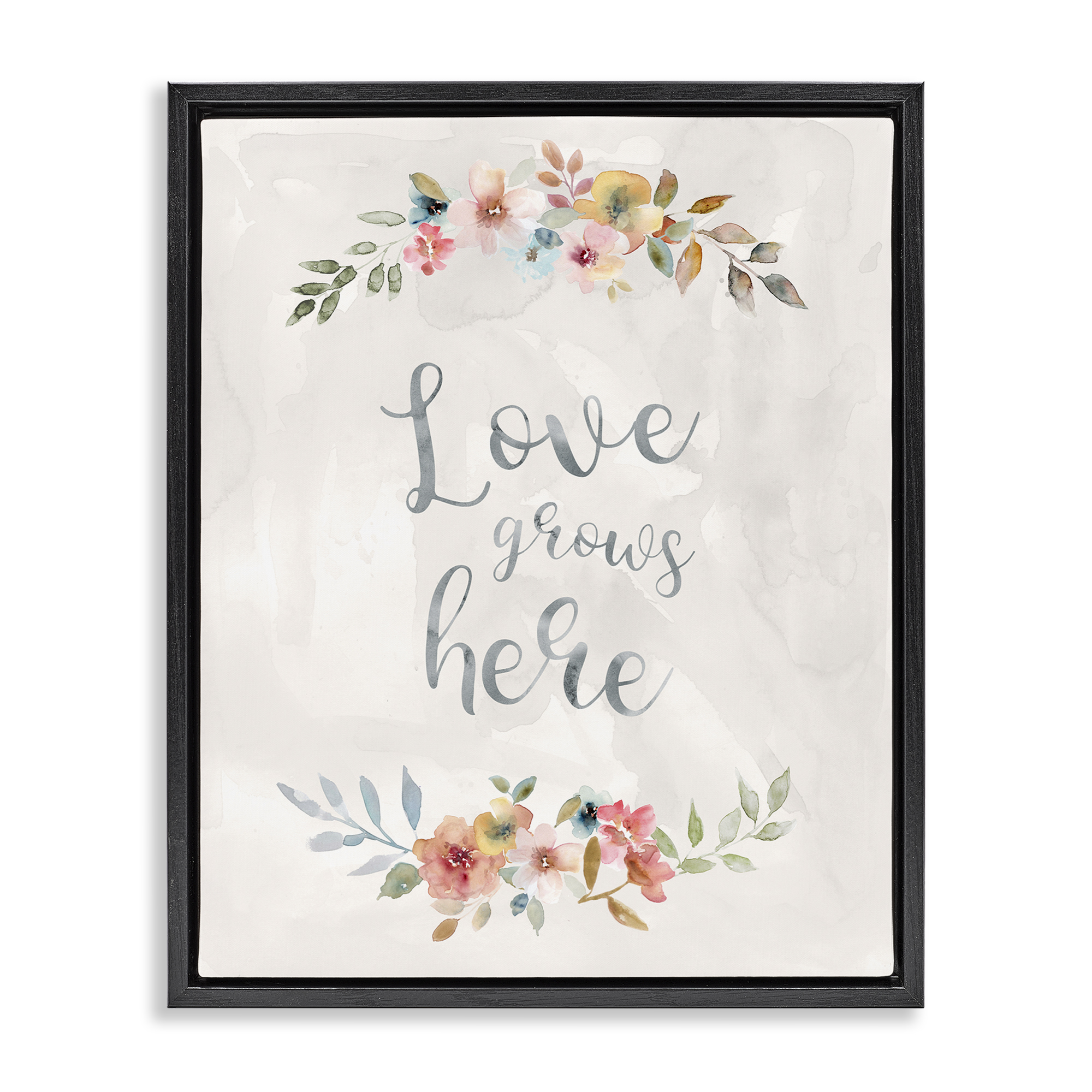 Stupell Industries Floral Love Grows Here Plants & Flowers Painting Black Floater Framed Canvas Art Print Wall Art, 17 x 21
