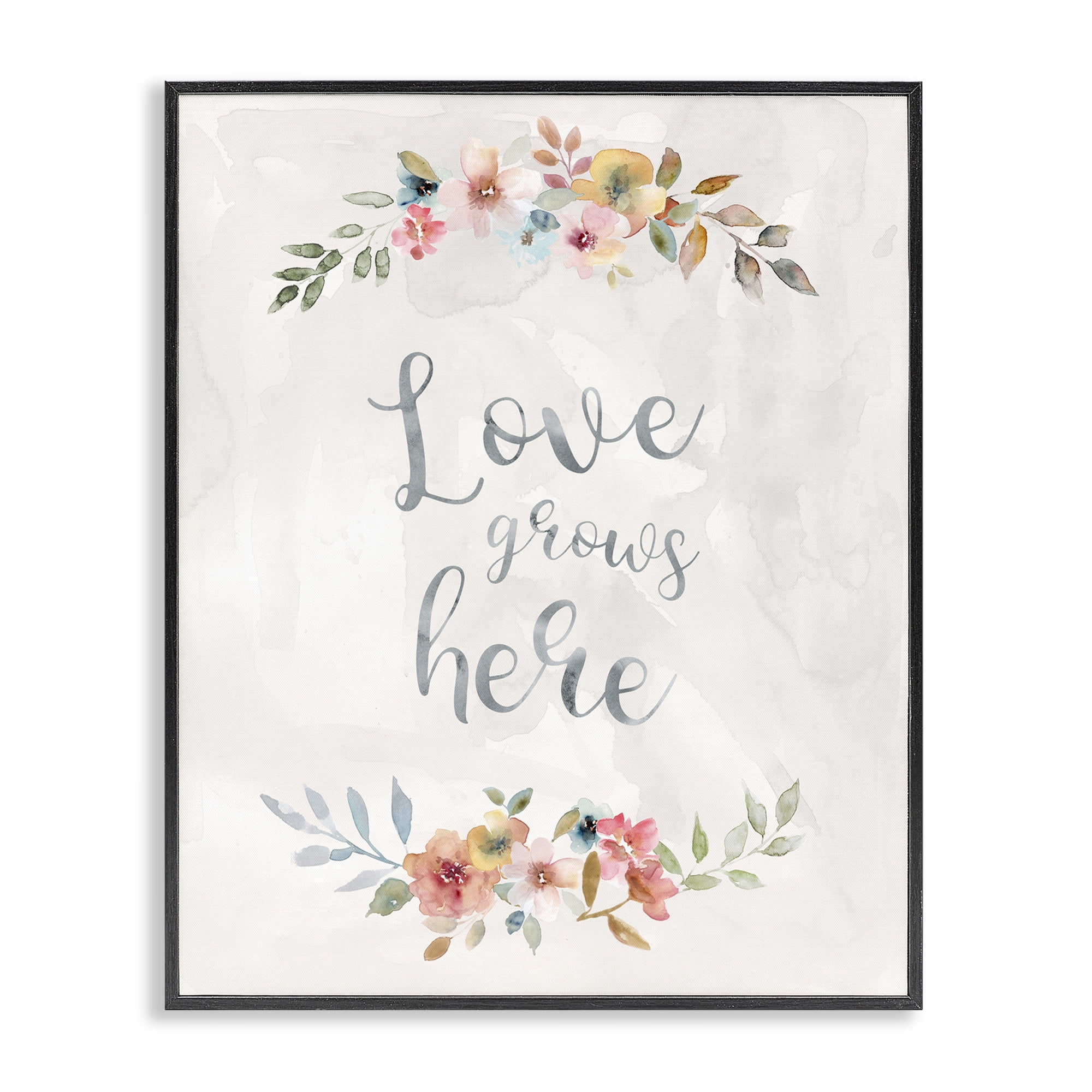 Stupell Industries Floral Love Grows Here Plants & Flowers Painting Black Framed Art Print Wall Art, 11 x 14