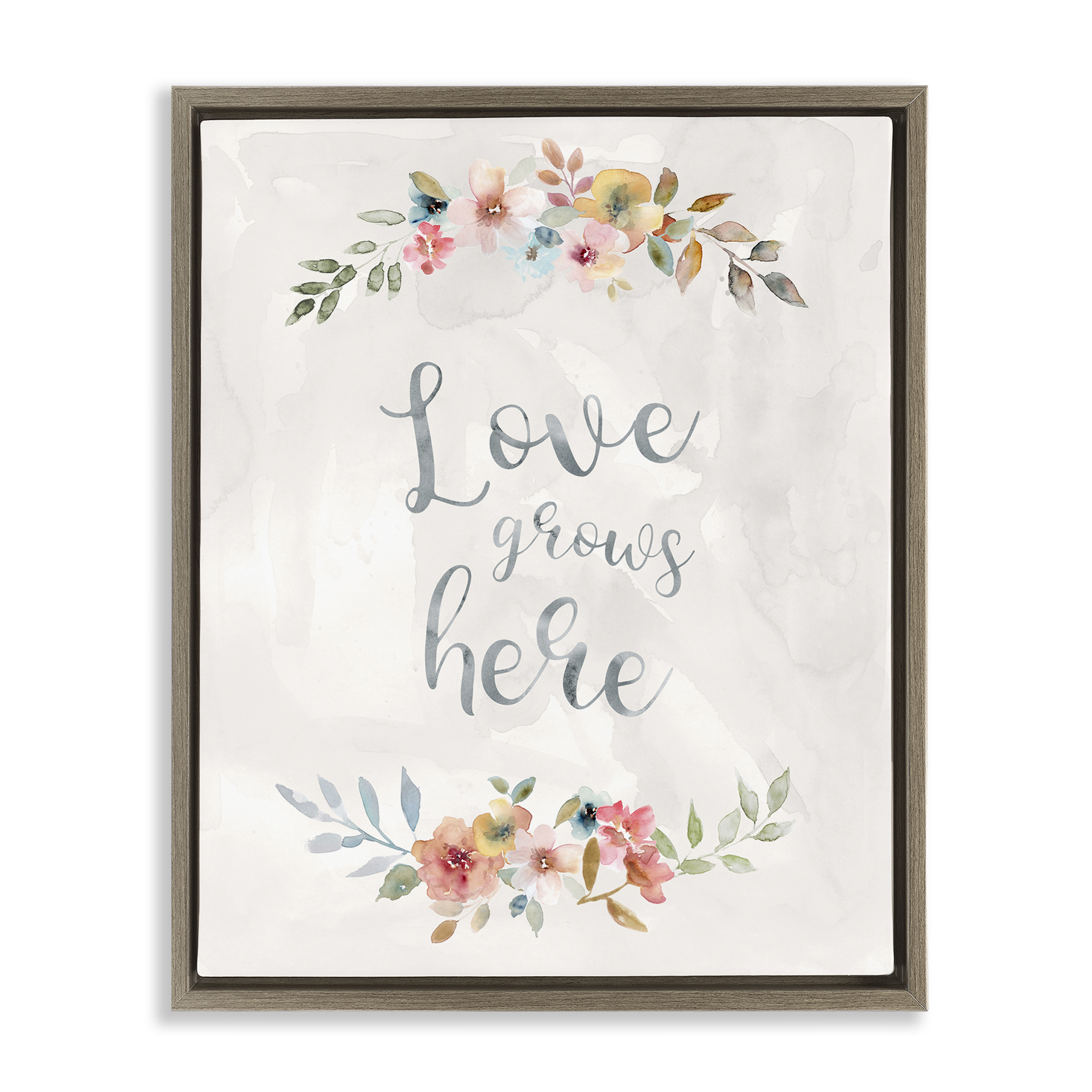 Stupell Industries Floral Love Grows Here Plants & Flowers Painting Brown Floater Framed Canvas Art Print Wall Art, 17 x 21