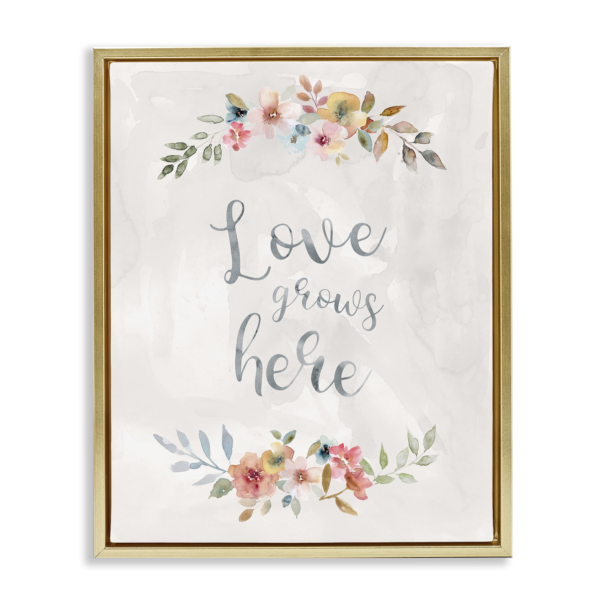 Stupell Industries Floral Love Grows Here Plants & Flowers Painting Gold Floater Framed Canvas Art Print Wall Art, 17 x 21