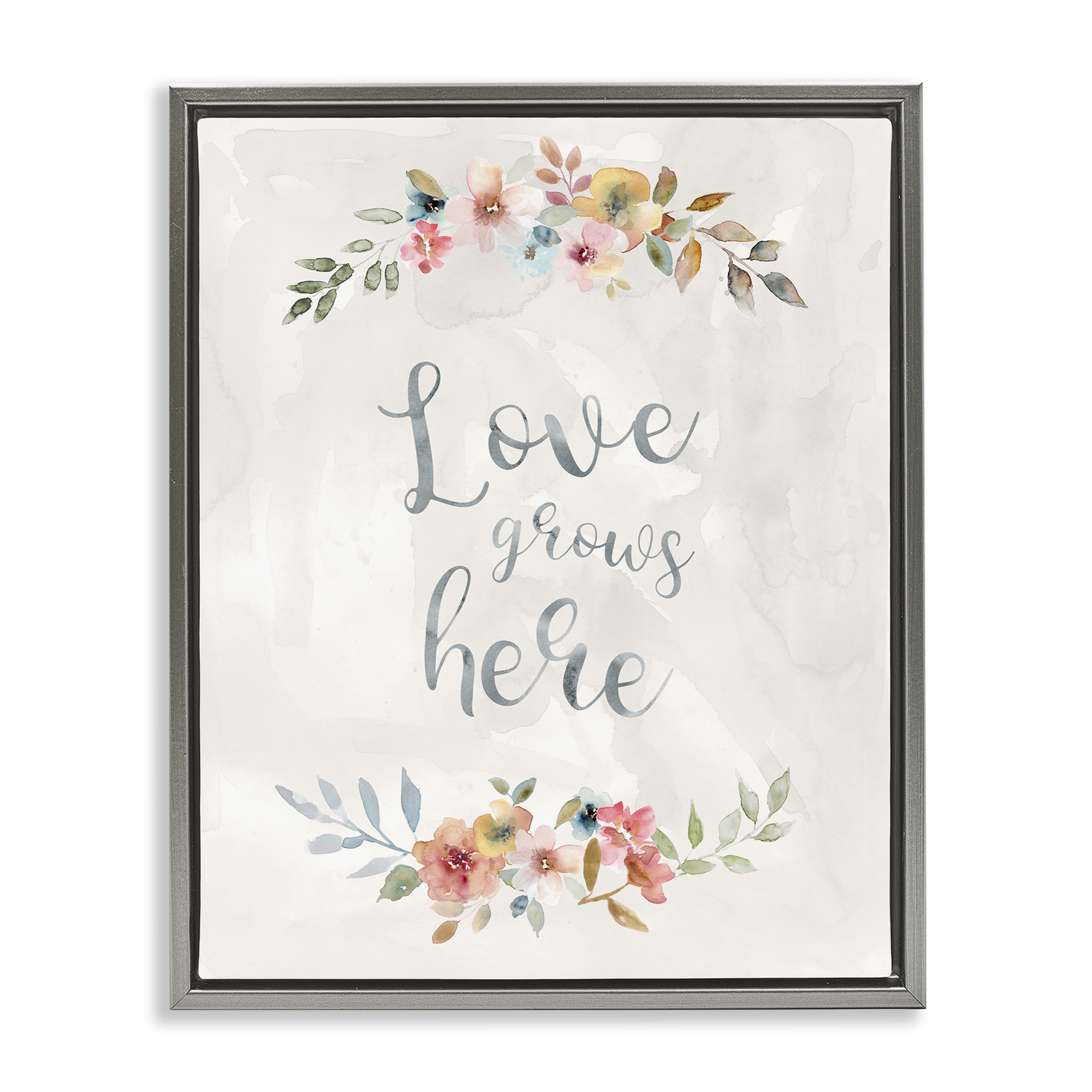 Stupell Industries Floral Love Grows Here Plants & Flowers Painting Gray Floater Framed Canvas Art Print Wall Art, 17 x 21