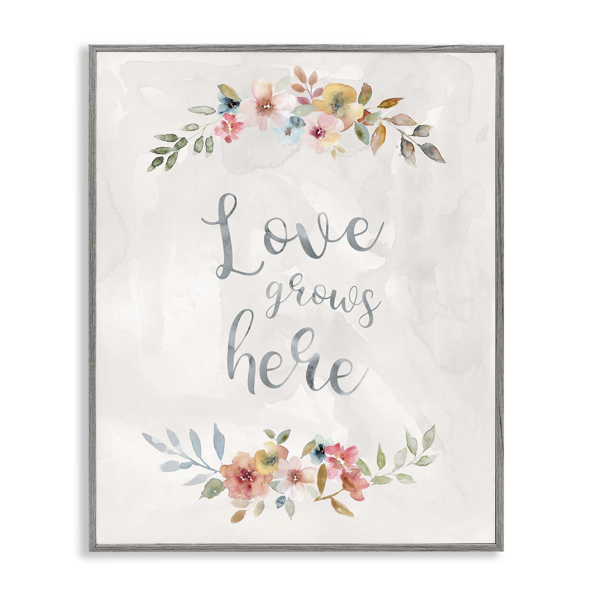 Stupell Industries Floral Love Grows Here Plants & Flowers Painting Gray Framed Art Print Wall Art, 16 x 20