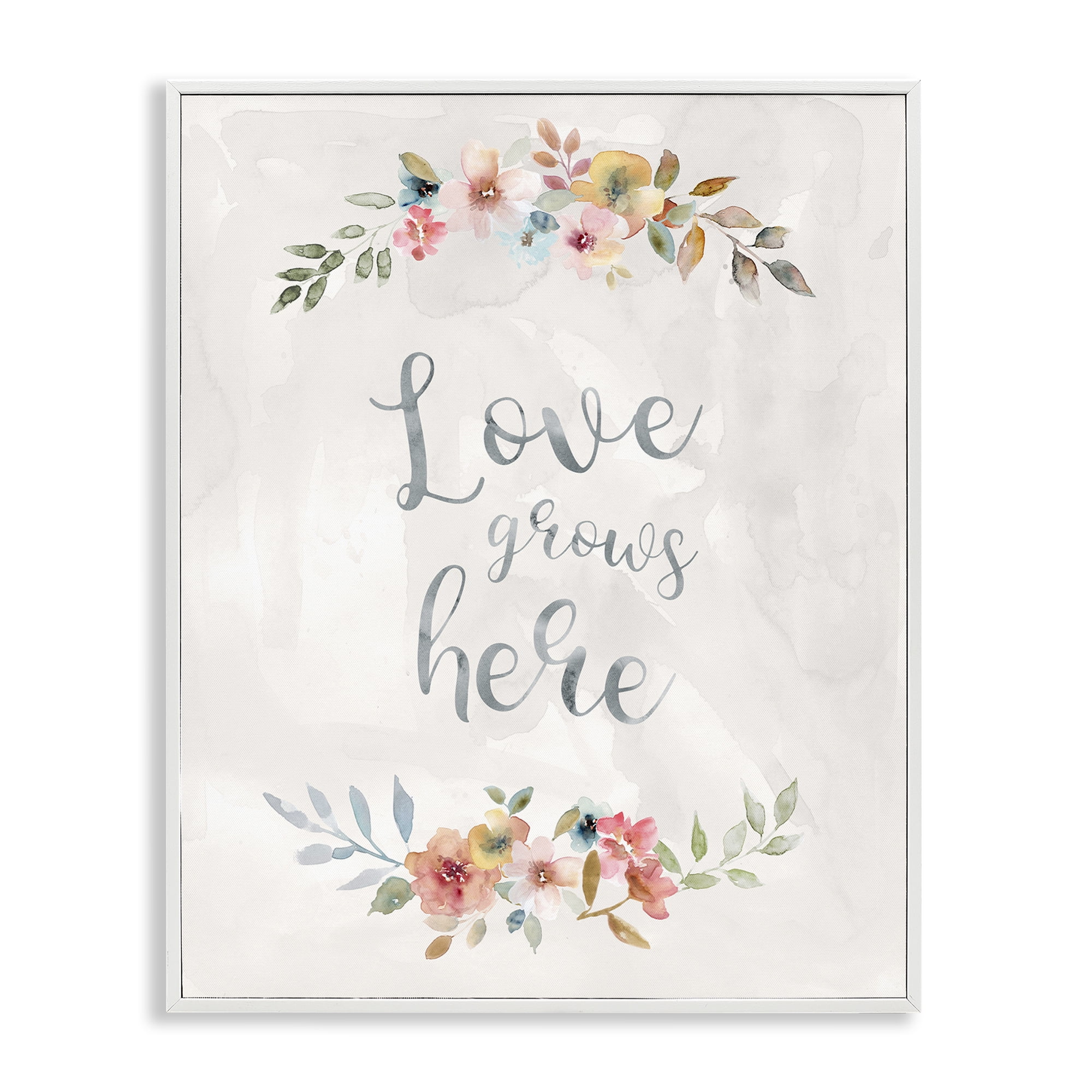 Stupell Industries Floral Love Grows Here Plants & Flowers Painting White Framed Art Print Wall Art, 16 x 20