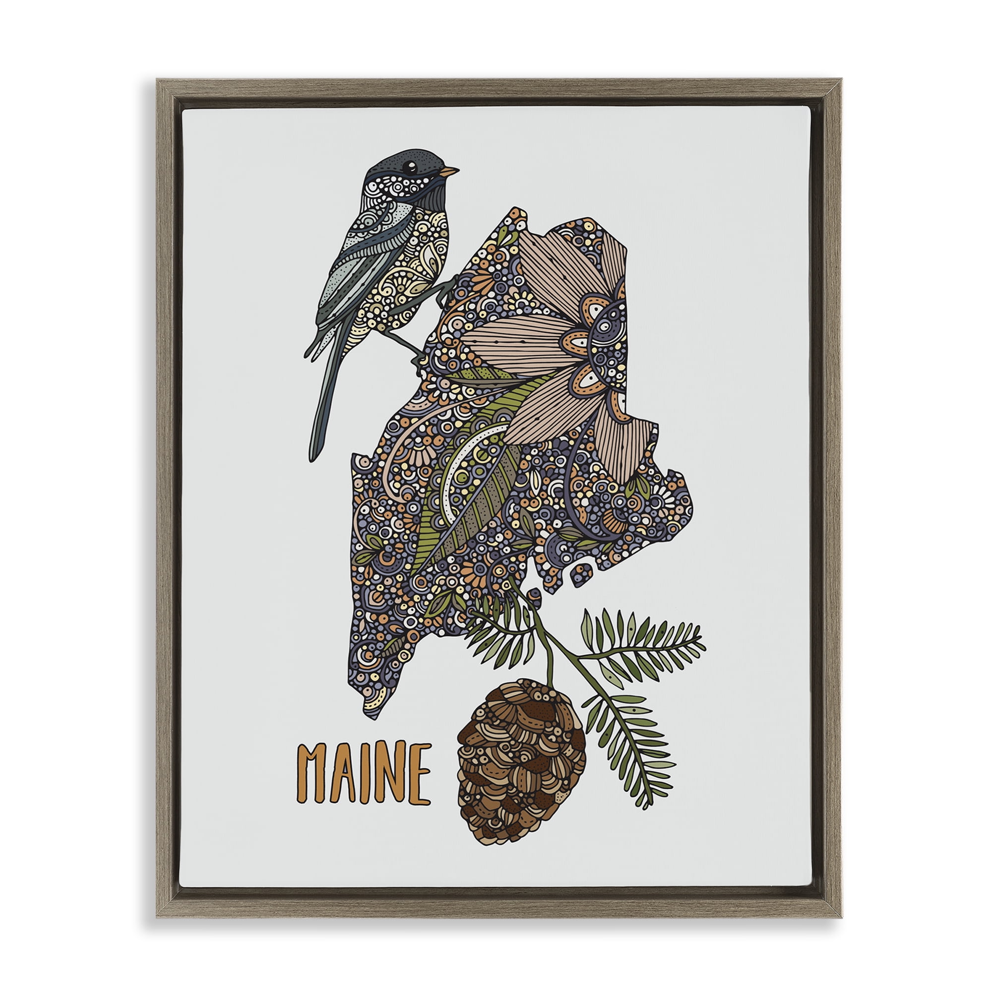 Stupell Industries Floral Maine State Botanical & Floral Painting Brown Floater Framed Art Print Wall Art, 17 x 21