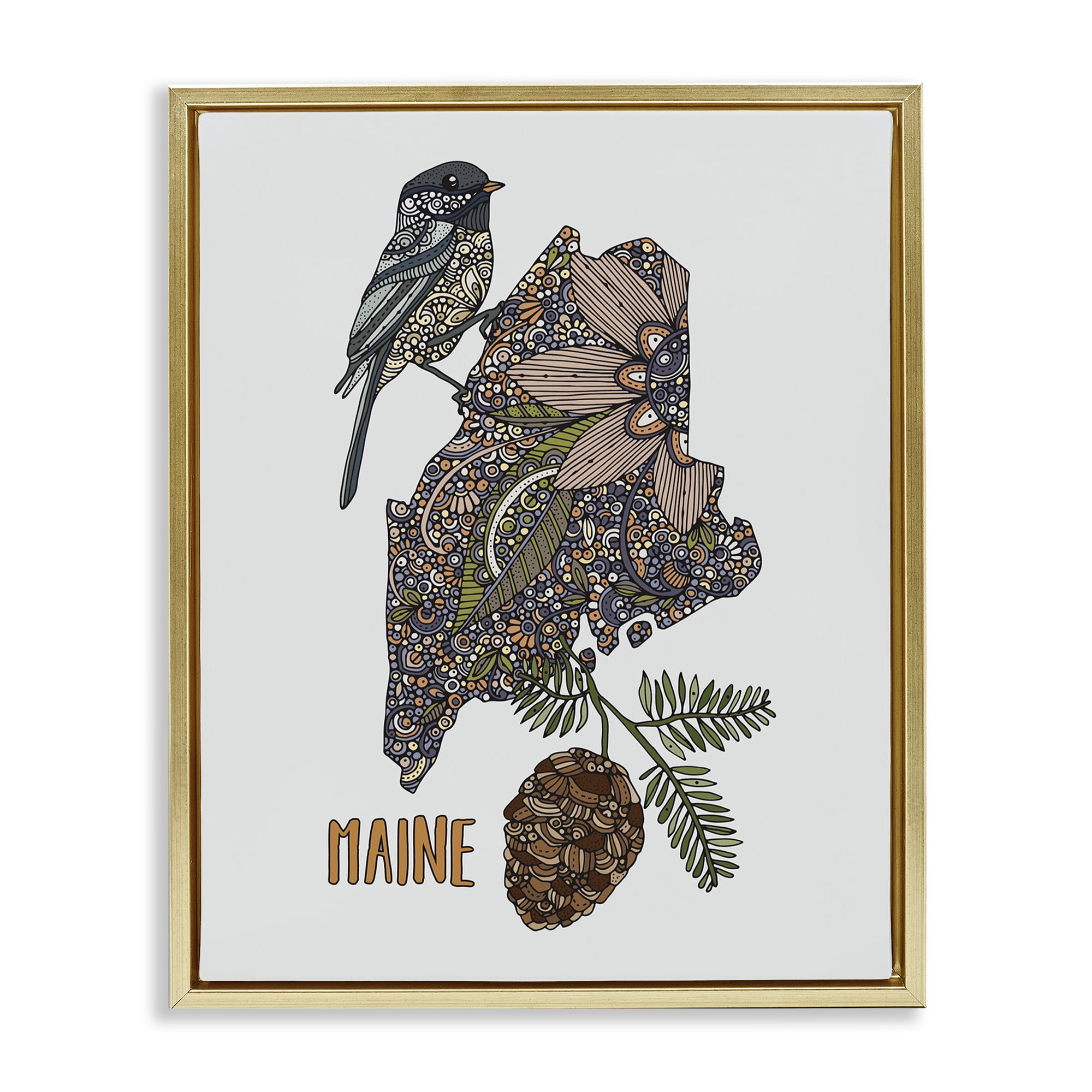 Stupell Industries Floral Maine State Botanical & Floral Painting Gold Floater Framed Art Print Wall Art, 25 x 31