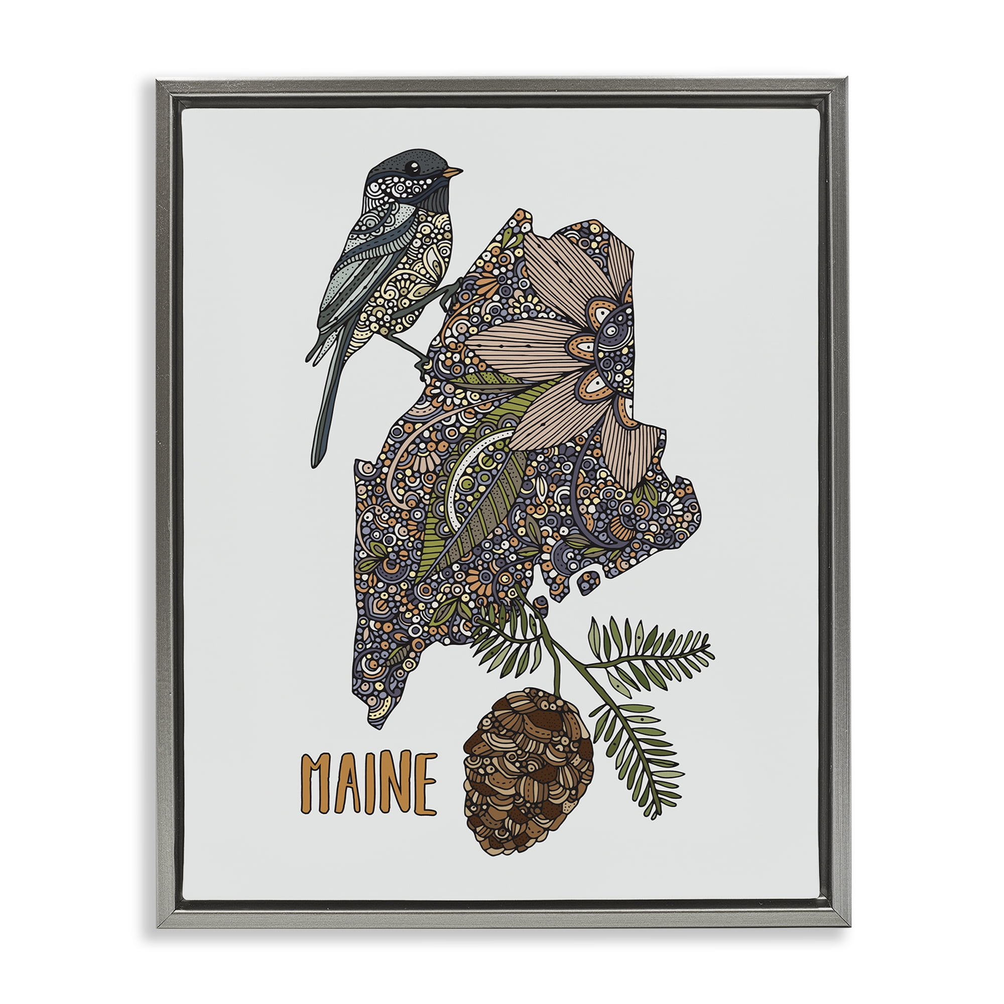 Stupell Industries Floral Maine State Botanical & Floral Painting Gray Floater Framed Art Print Wall Art, 25 x 31
