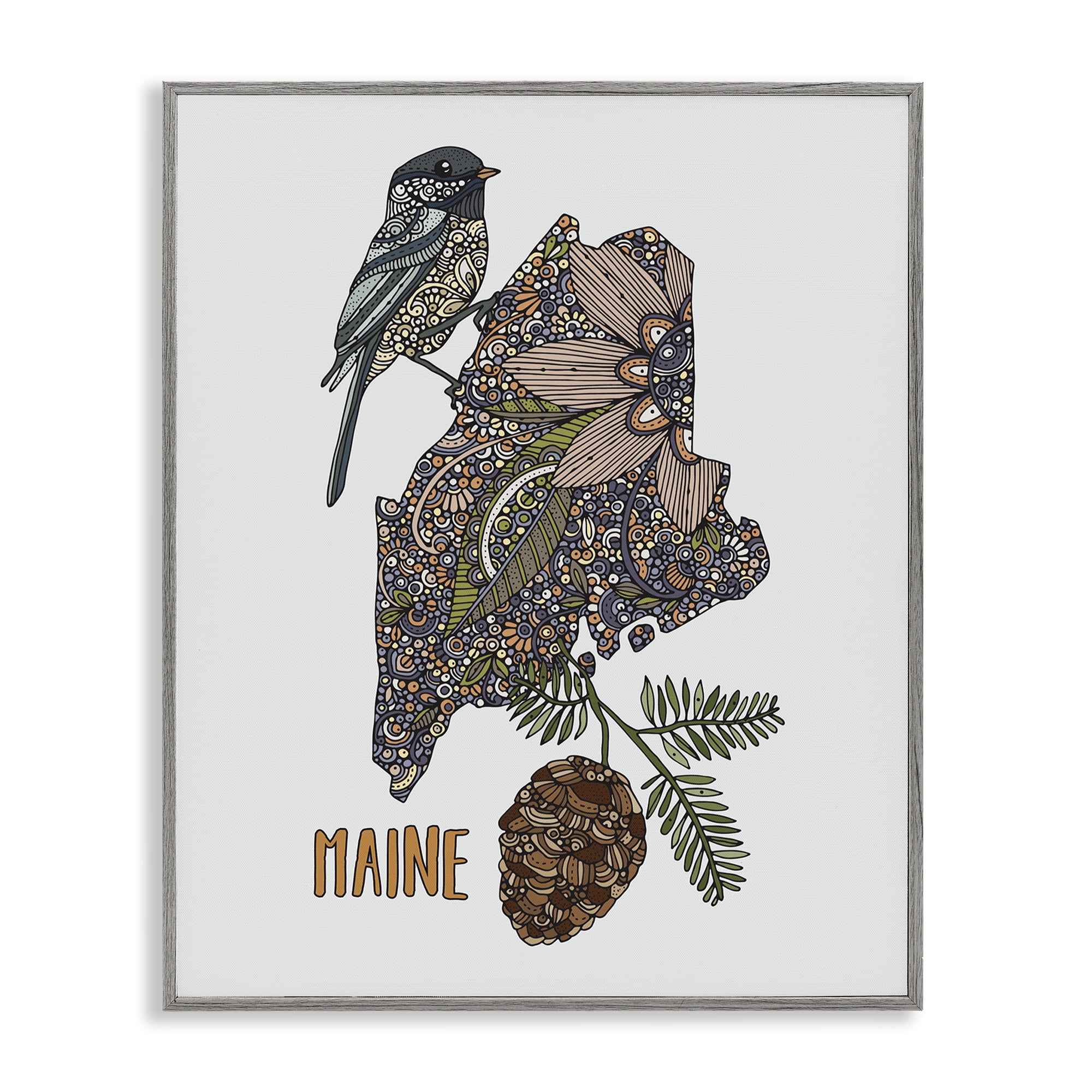 Stupell Industries Floral Maine State Botanical & Floral Painting Gray Framed Art Print Wall Art, 11 x 14