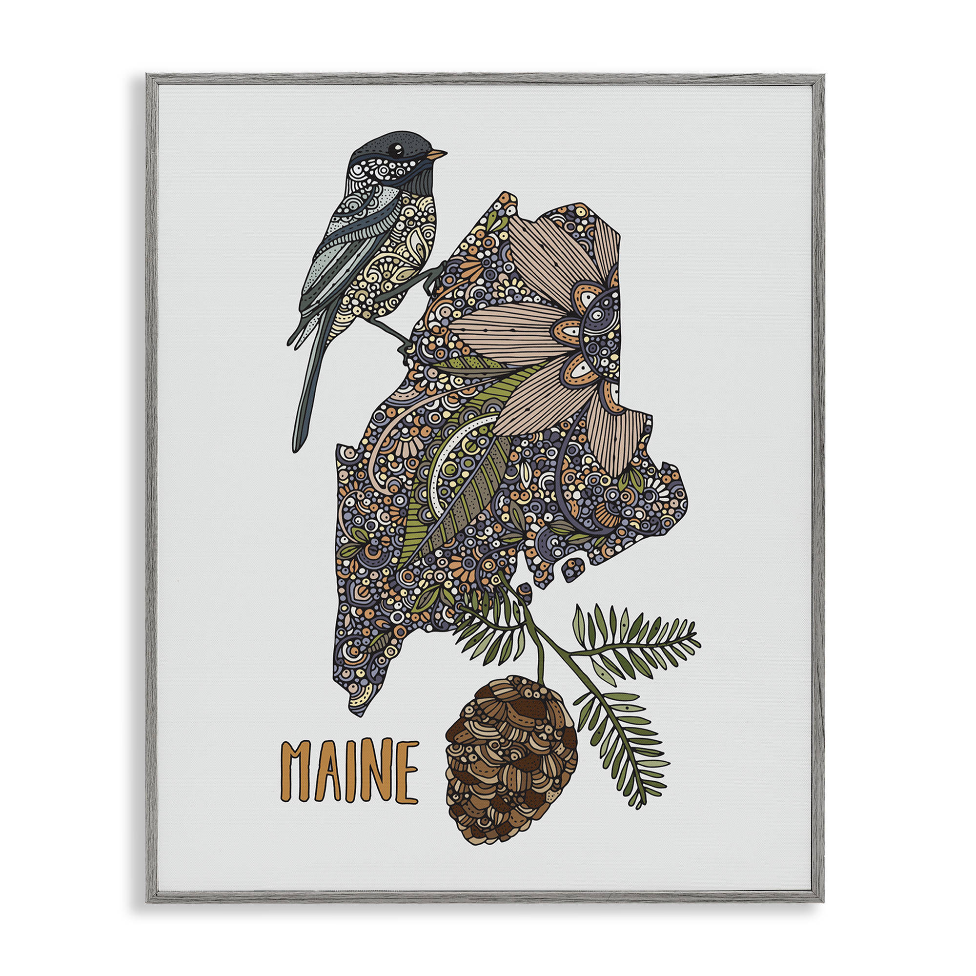 Stupell Industries Floral Maine State Botanical & Floral Painting Gray Framed Art Print Wall Art, 16 x 20