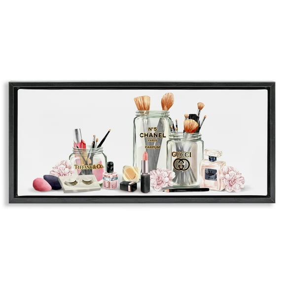 Stupell Industries Floral Makeup Collection Still Life Beauty & Fashion Painting Black Floater Framed Canvas Art Print Wall Art, 31 x 14