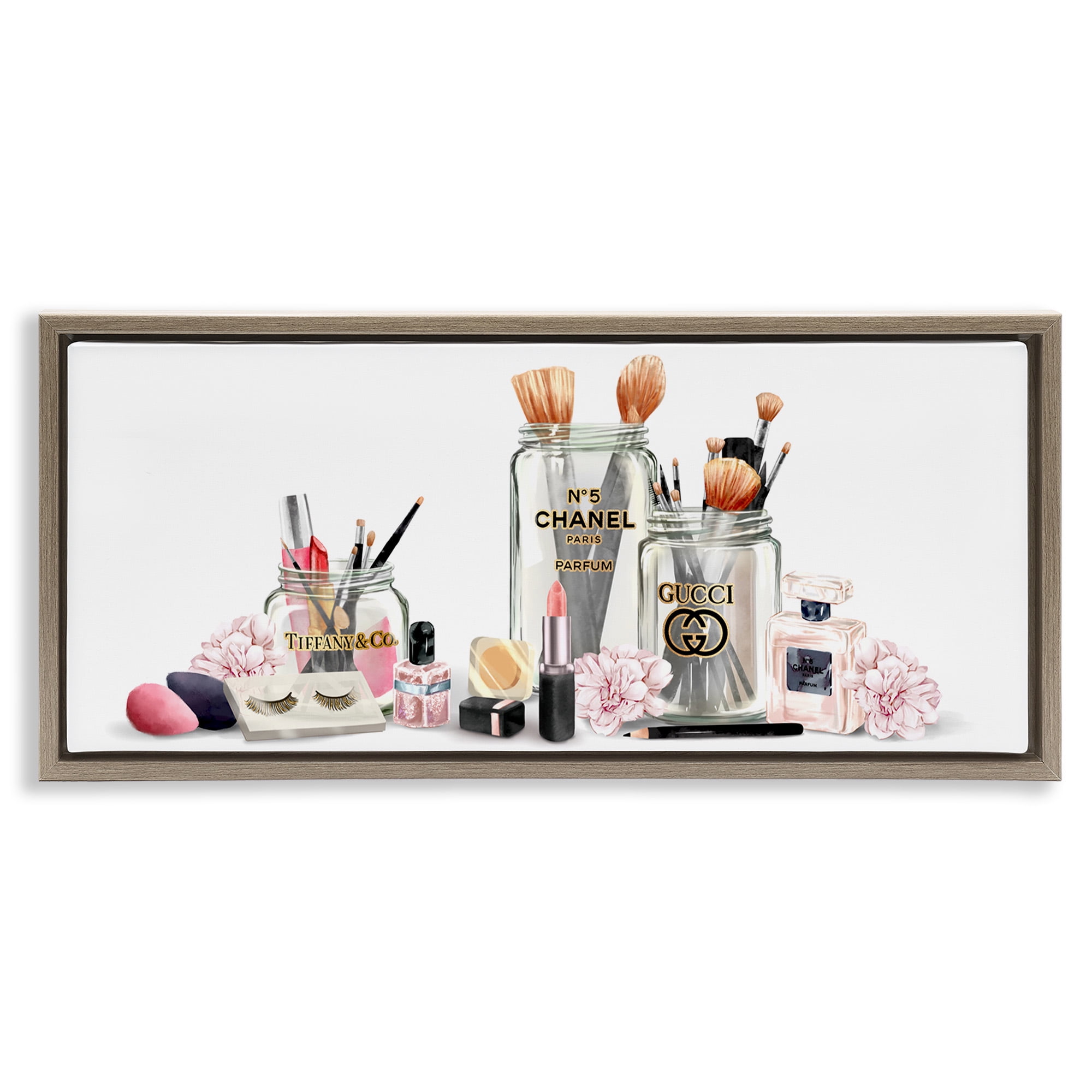 Floral Makeup Collection Still Life Canvas Print with Brown Frame