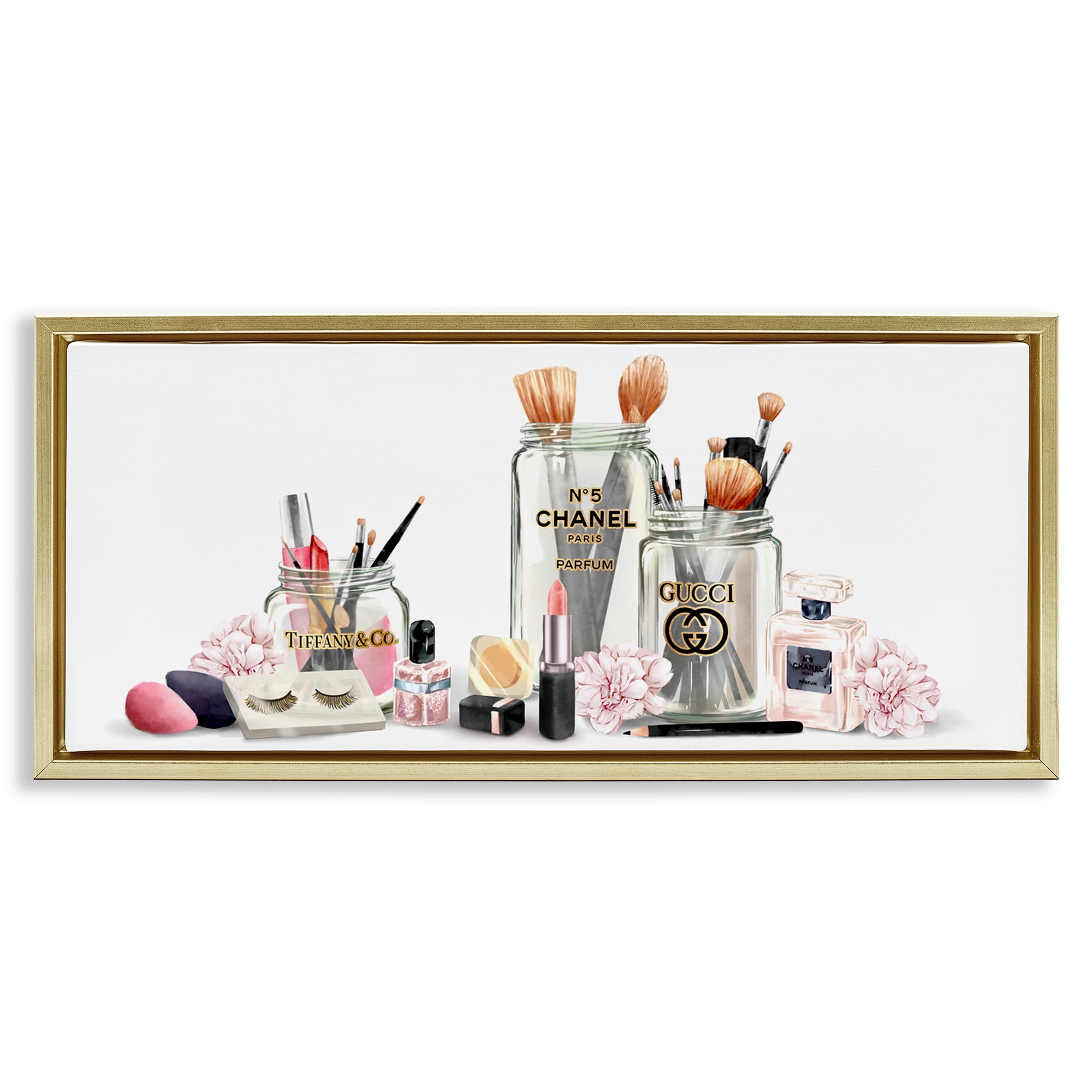 Stupell Industries Floral Makeup Collection Still Life Beauty & Fashion Painting Gold Floater Framed Canvas Art Print Wall Art, 25 x 11