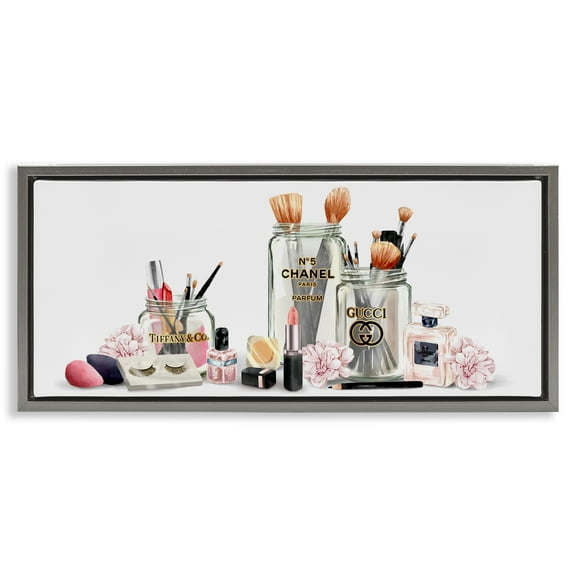 Stupell Industries Floral Makeup Collection Still Life Beauty & Fashion Painting Gray Floater Framed Canvas Art Print Wall Art, 25 x 11