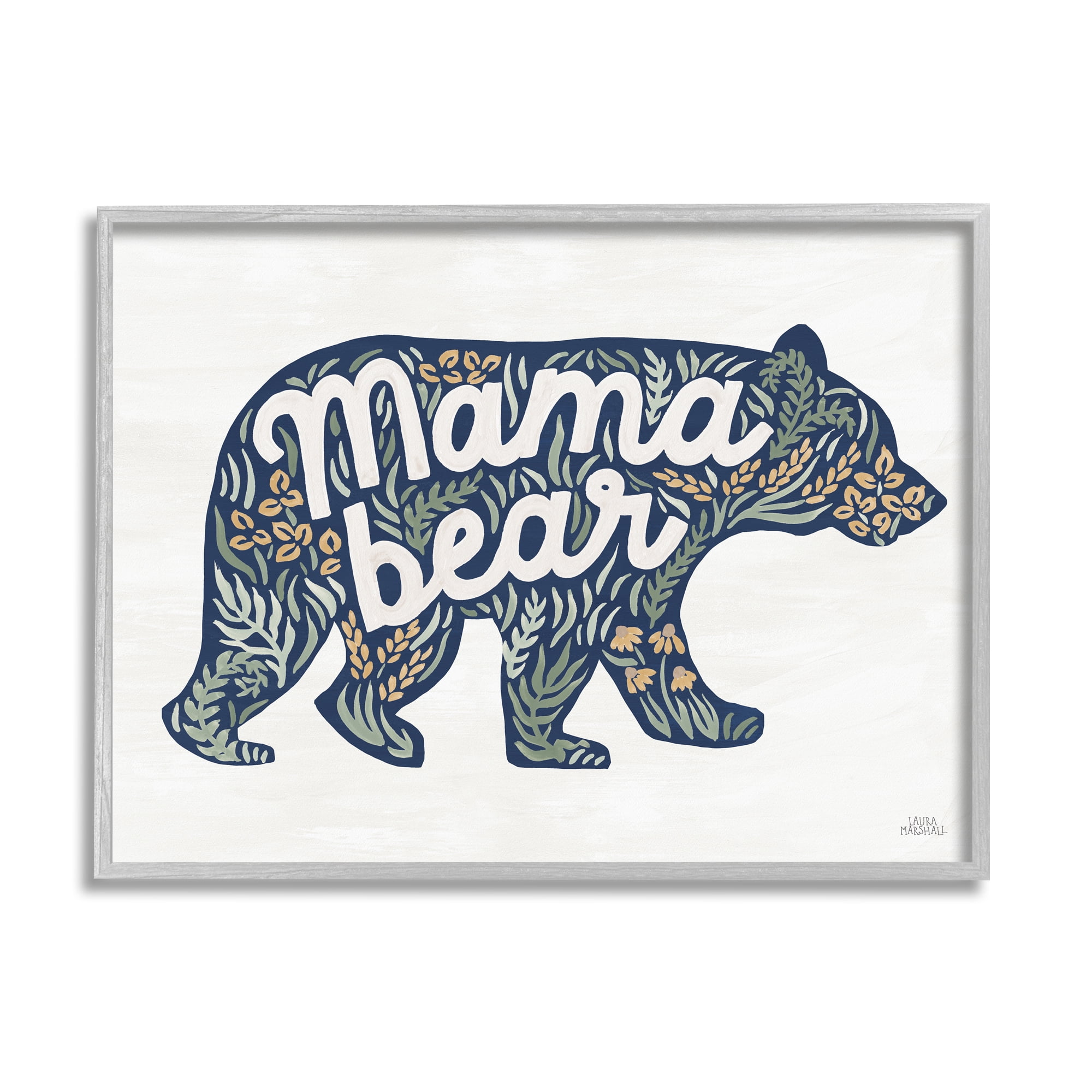 Stupell Industries Floral Mama Bear Phrase Botanical & Floral Painting Gray Framed Art Print Wall Art, 20 x 16