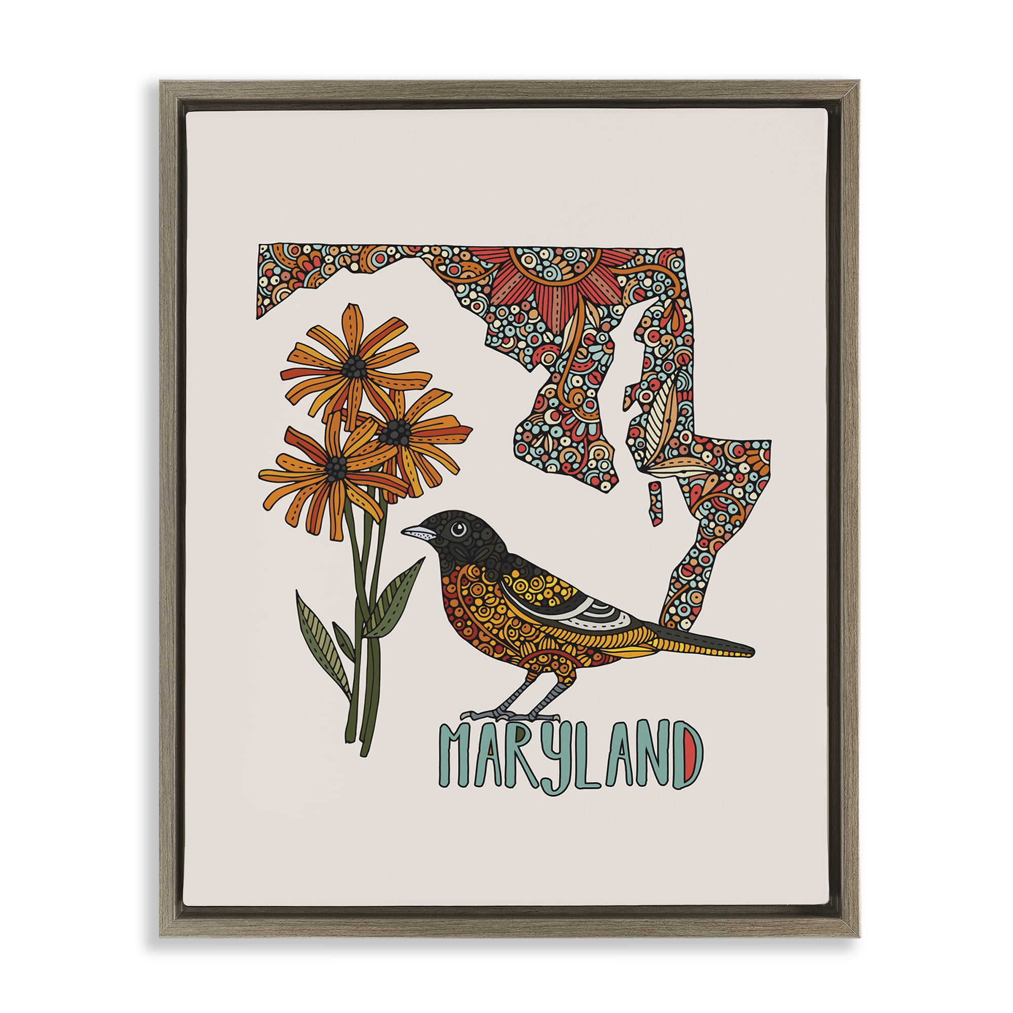 Stupell Industries Floral Maryland State Botanical & Floral Painting Brown Floater Framed Art Print Wall Art, 25 x 31
