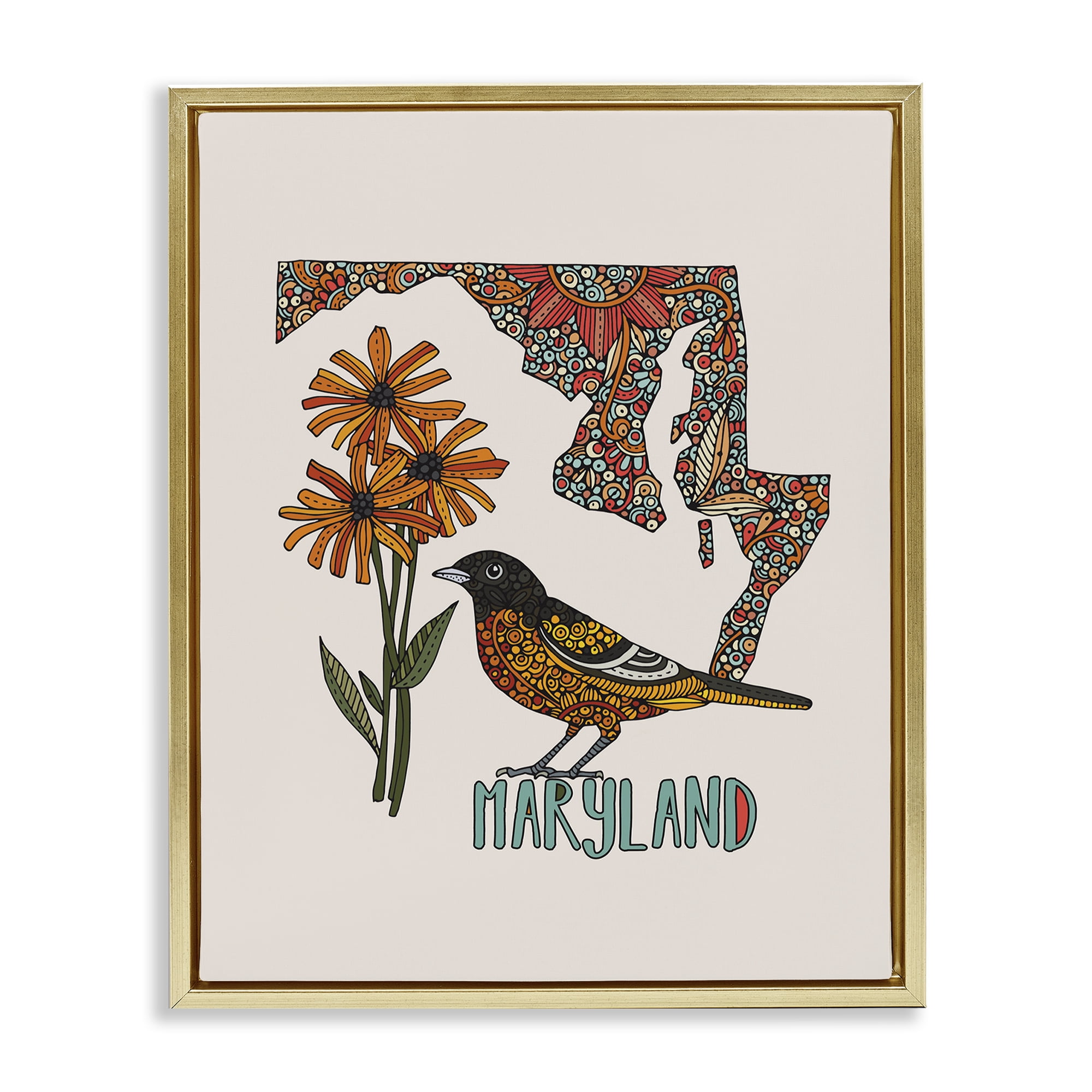 Stupell Industries Floral Maryland State Botanical & Floral Painting Gold Floater Framed Art Print Wall Art, 17 x 21