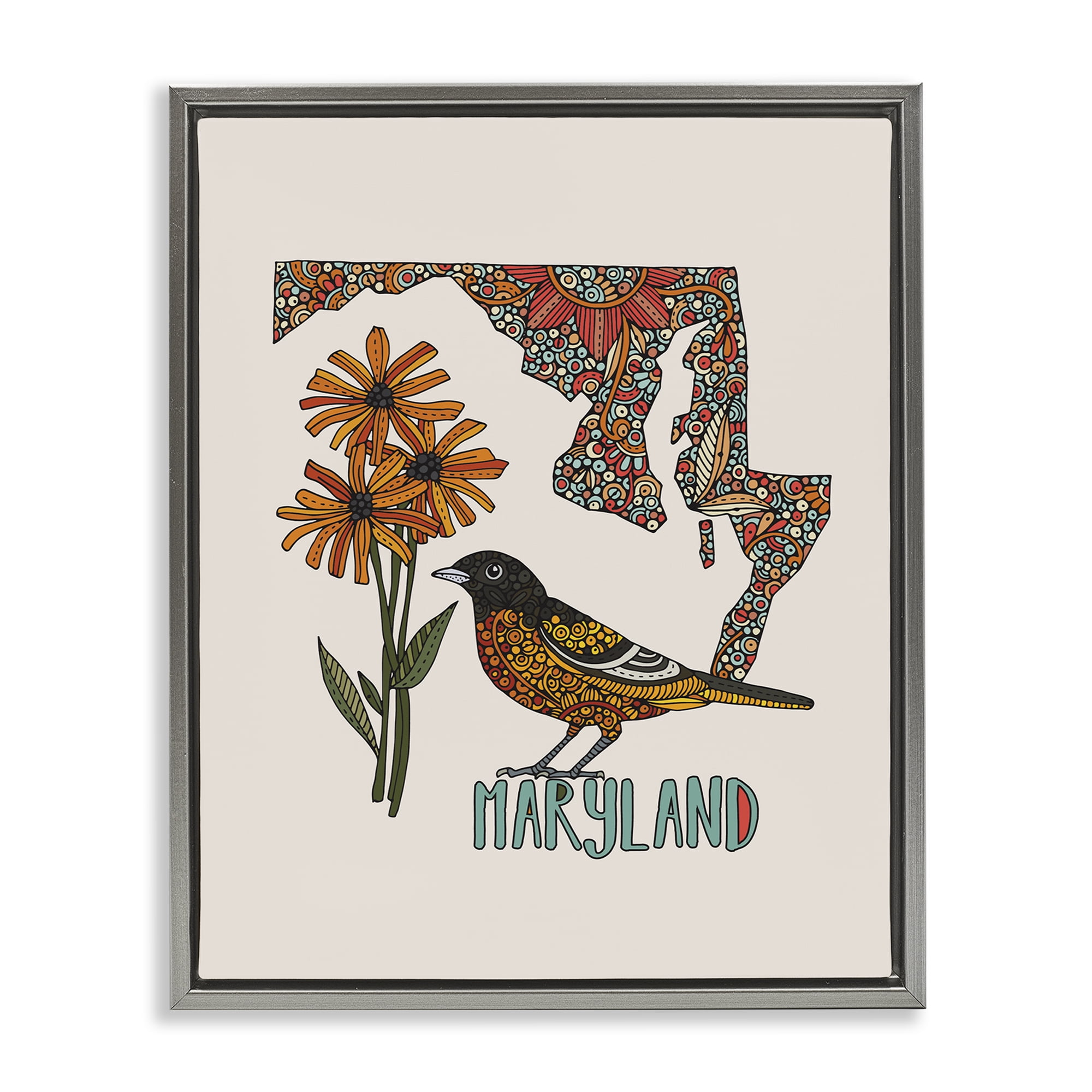 Stupell Industries Floral Maryland State Botanical & Floral Painting Gray Floater Framed Art Print Wall Art, 17 x 21