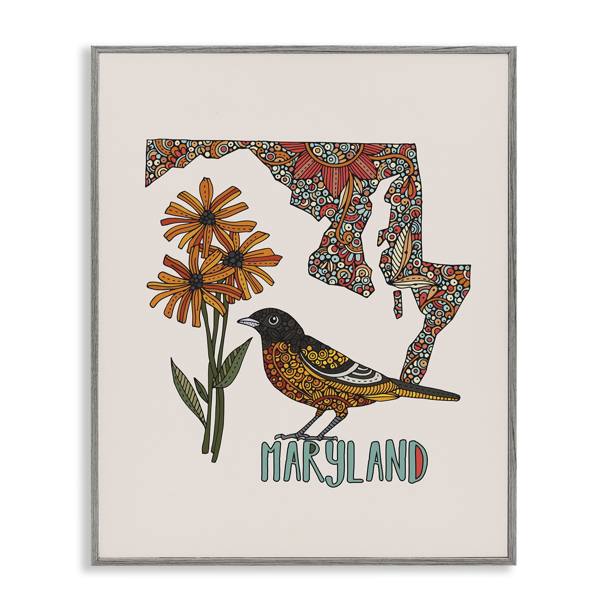 Stupell Industries Floral Maryland State Botanical & Floral Painting Gray Framed Art Print Wall Art, 11 x 14