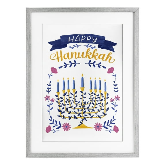 Stupell Industries Floral Menorah Happy Hanukkah Gray Framed Print Under Glass design by JJ Design House LLC, 20 x 14