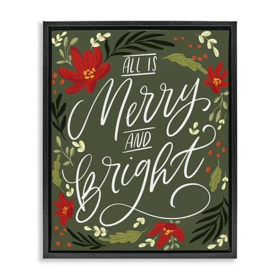 Stupell Industries Floral Merry and Bright Holiday Painting Black Floater Framed Canvas Art Prints Wall Art, 17 x 21