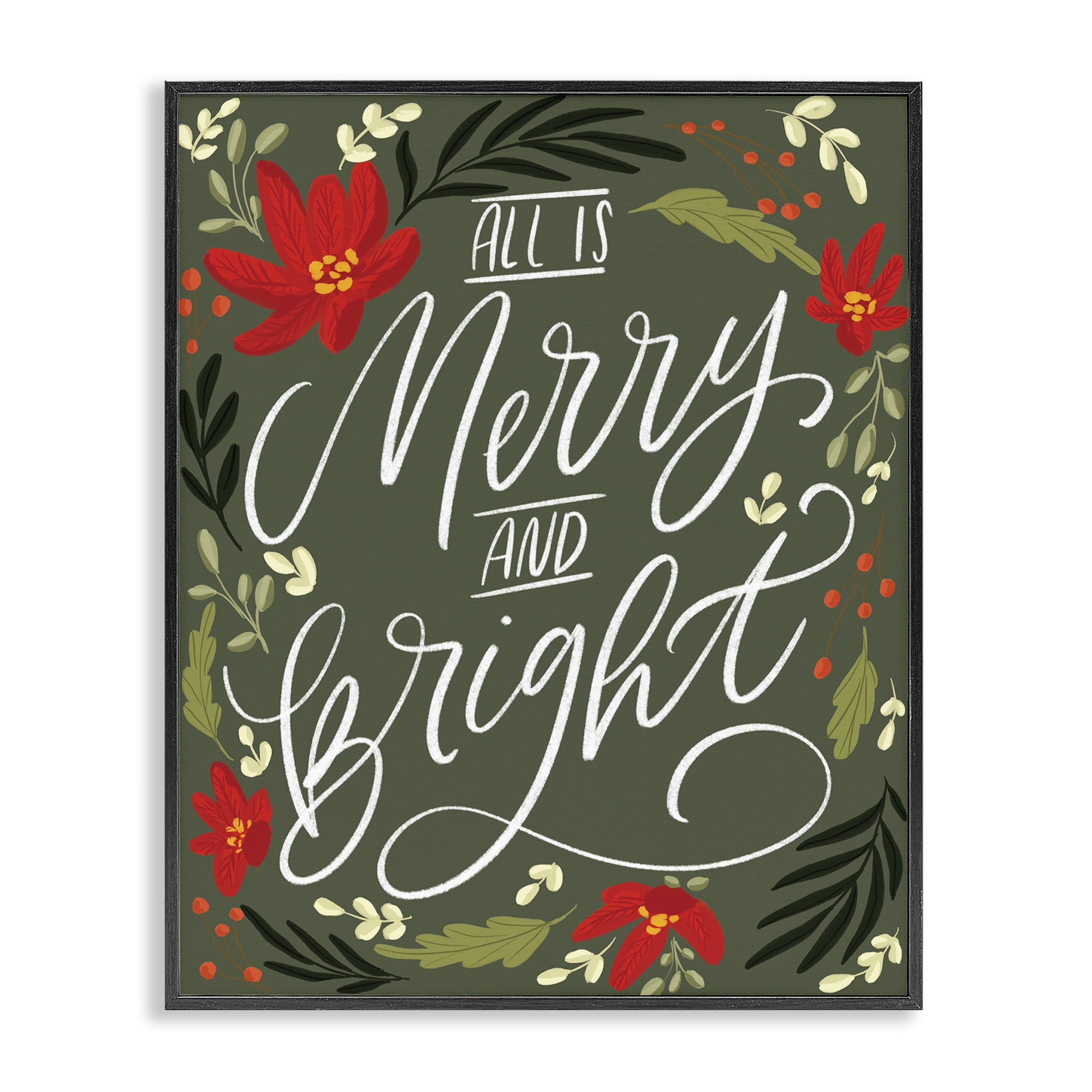Stupell Industries Floral Merry and Bright Holiday Painting Black Framed Art Prints Wall Art, 24 x 30