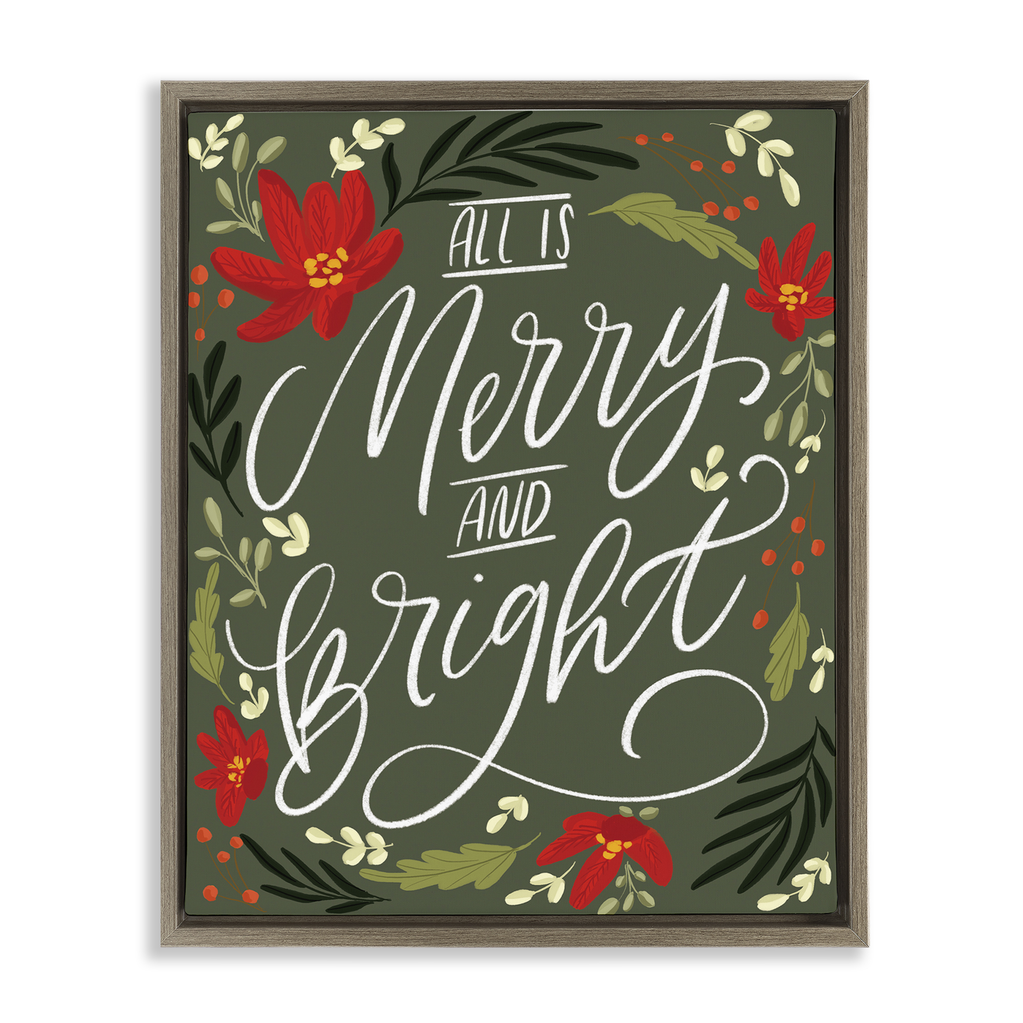 Stupell Industries Floral Merry and Bright Holiday Painting Brown Floater Framed Canvas Art Prints Wall Art, 17 x 21