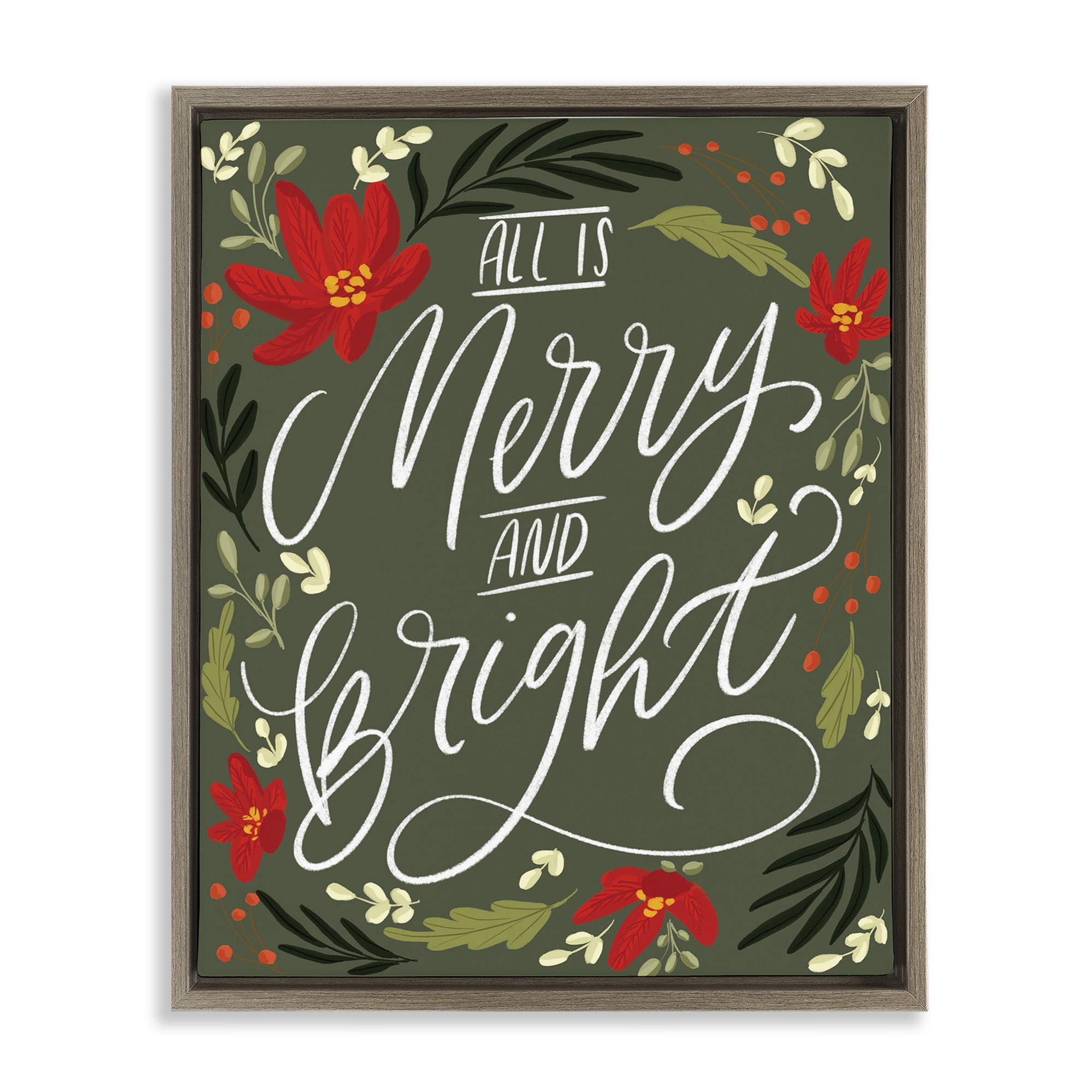 Stupell Industries Floral Merry and Bright Holiday Painting Brown Floater Framed Canvas Art Prints Wall Art, 25 x 31