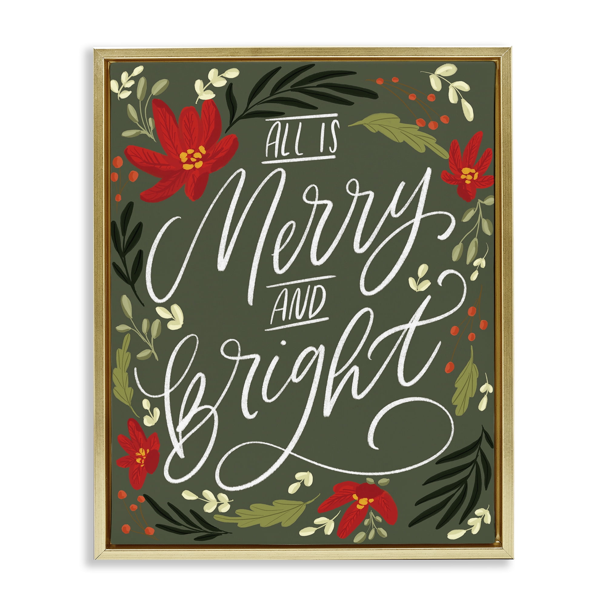 Stupell Industries Floral Merry and Bright Holiday Painting Gold Floater Framed Canvas Art Prints Wall Art, 17 x 21