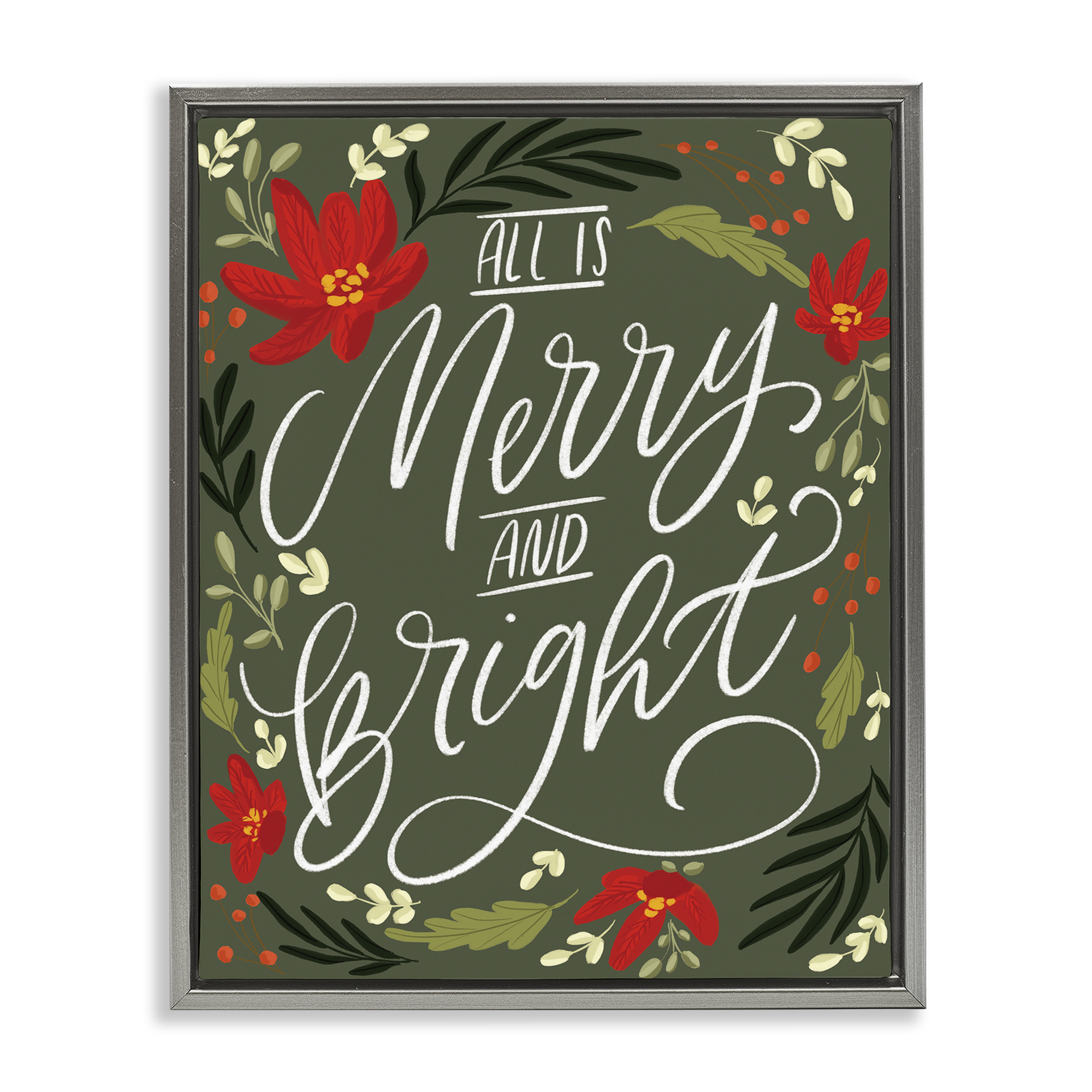 Stupell Industries Floral Merry and Bright Holiday Painting Gray Floater Framed Canvas Art Prints Wall Art, 17 x 21
