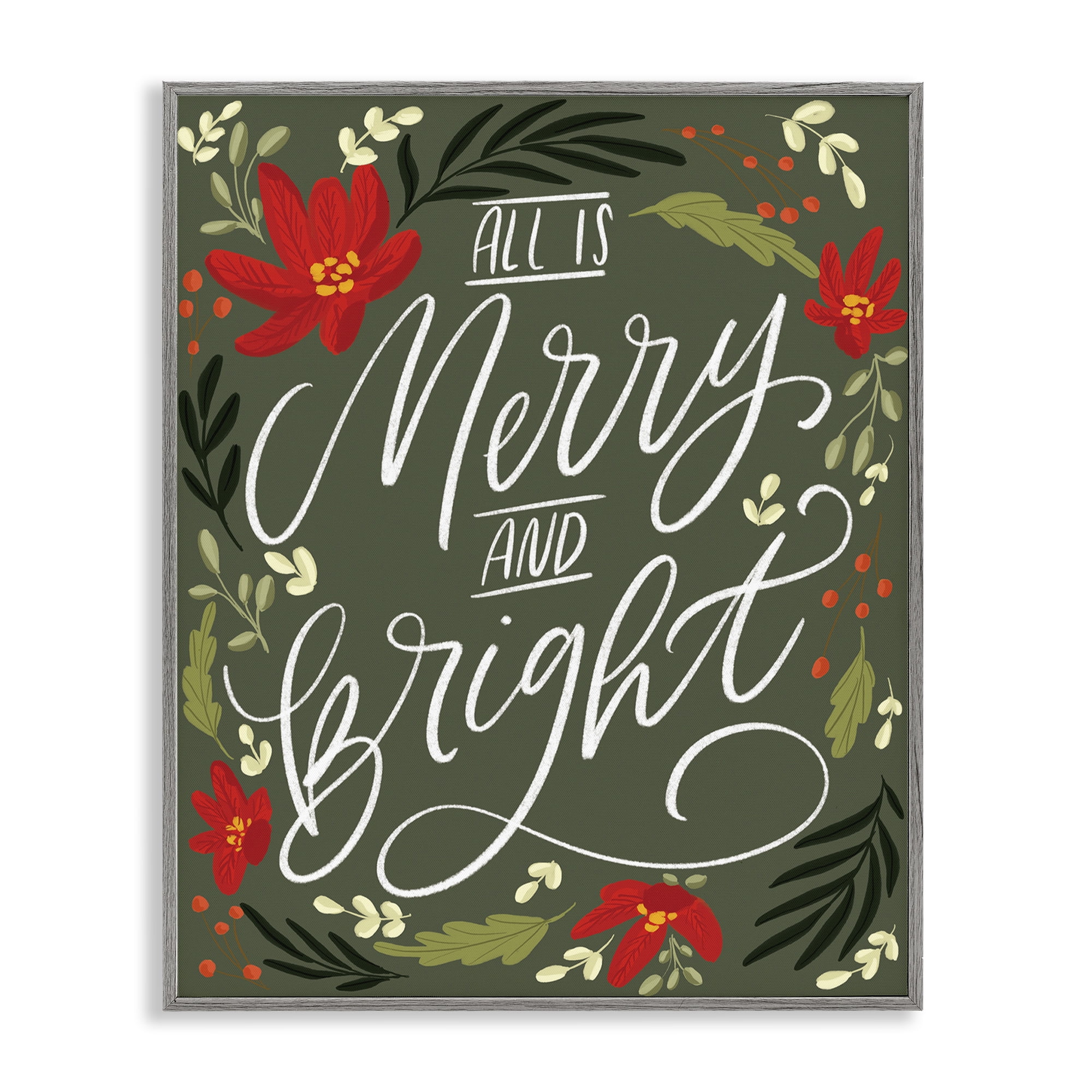 Stupell Industries Floral Merry and Bright Holiday Painting Gray Framed Art Prints Wall Art, 16 x 20