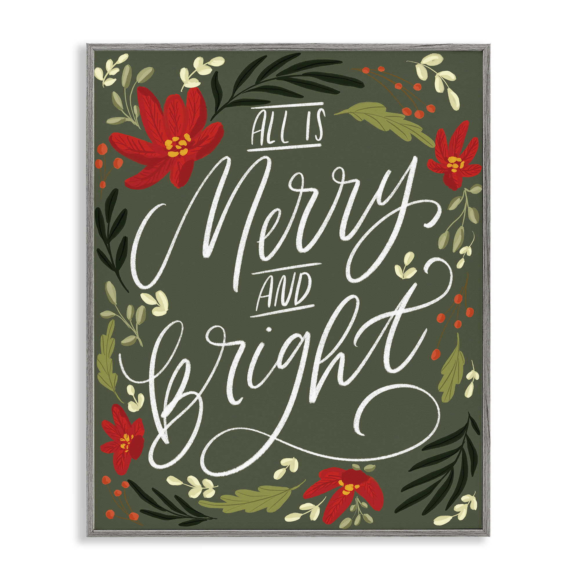 Stupell Industries Floral Merry and Bright Holiday Painting Gray Framed Art Prints Wall Art, 24 x 30