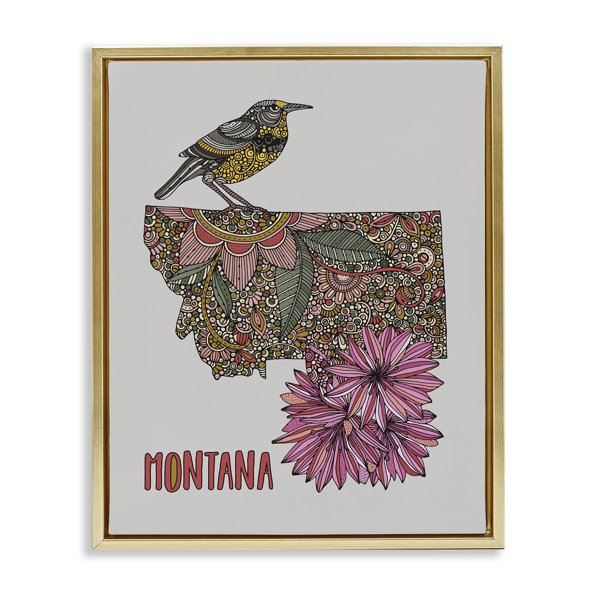 Stupell Industries Floral Montana State Botanical & Floral Painting Gold Floater Framed Art Print Wall Art, 17 x 21