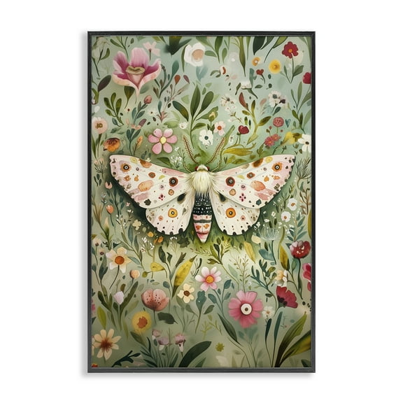 Stupell Industries Floral Moth & Botanicals Floral Painting Black Framed Art Print Wall Art, 12 x 18
