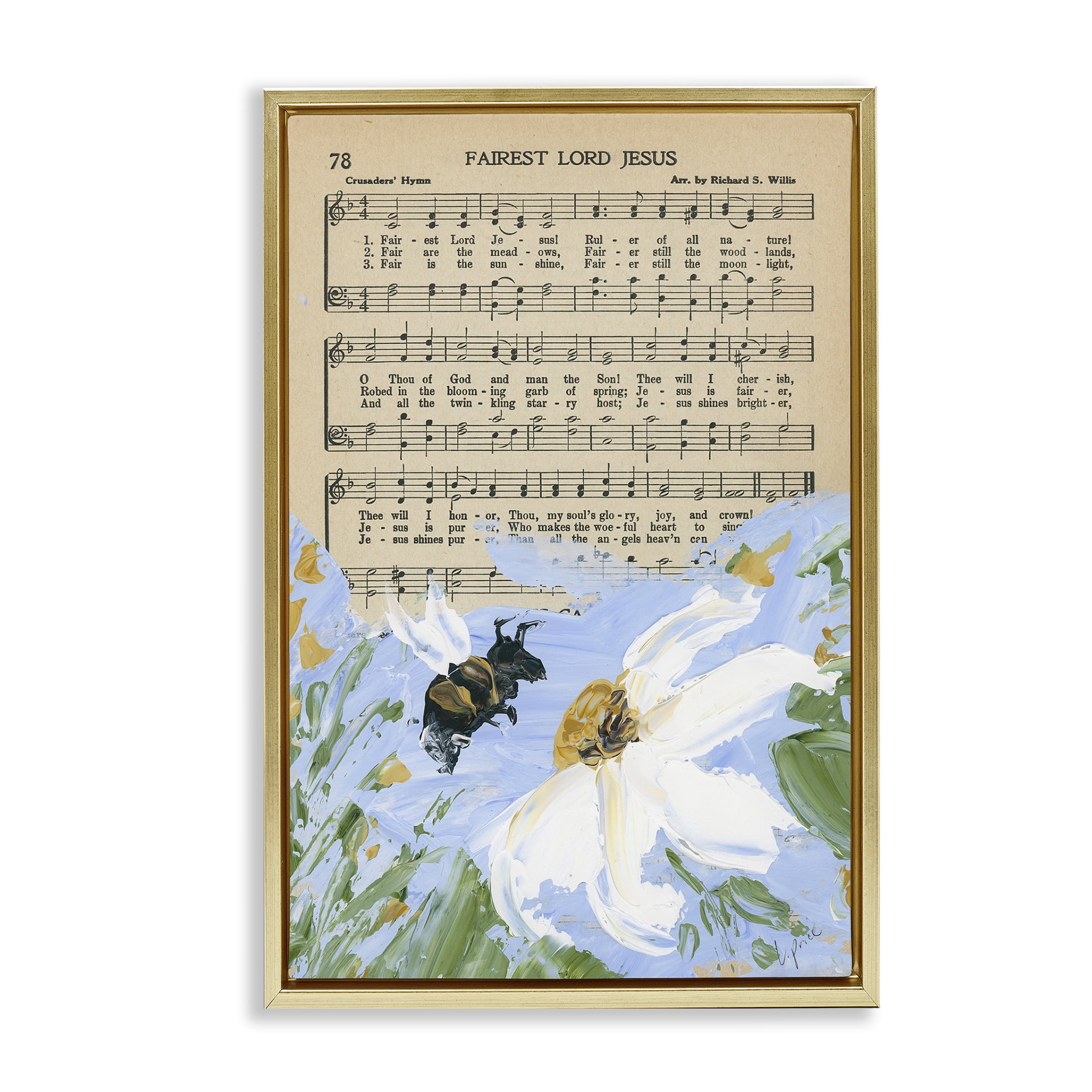 Stupell Industries Floral Music Hymn Religious Painting Gold Floater Framed Canvas Art Print Wall Art, 17 x 25