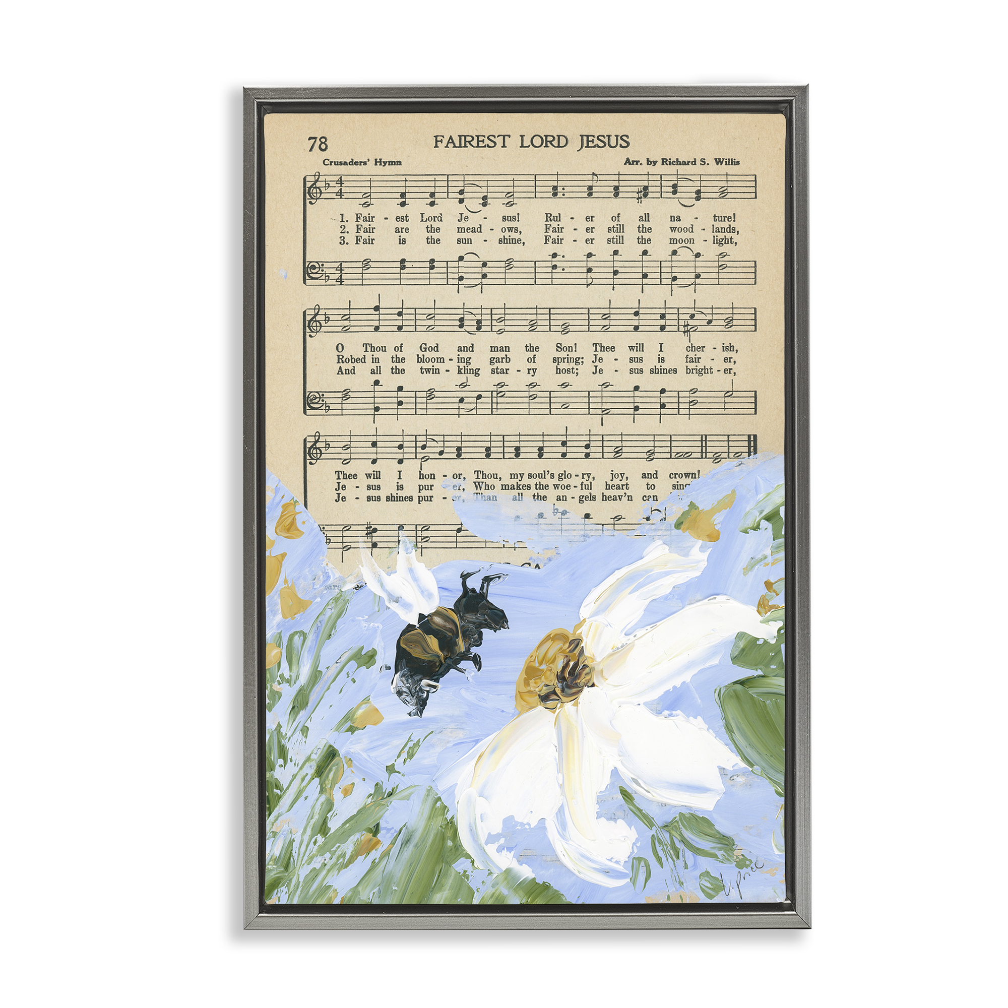 Stupell Industries Floral Music Hymn Religious Painting Gray Floater Framed Canvas Art Print Wall Art, 17 x 25