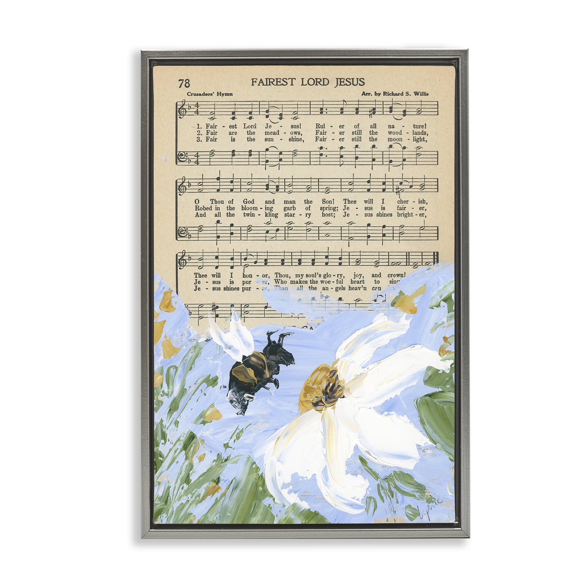 Stupell Industries Floral Music Hymn Religious Painting Gray Floater Framed Canvas Art Print Wall Art, 21 x 31
