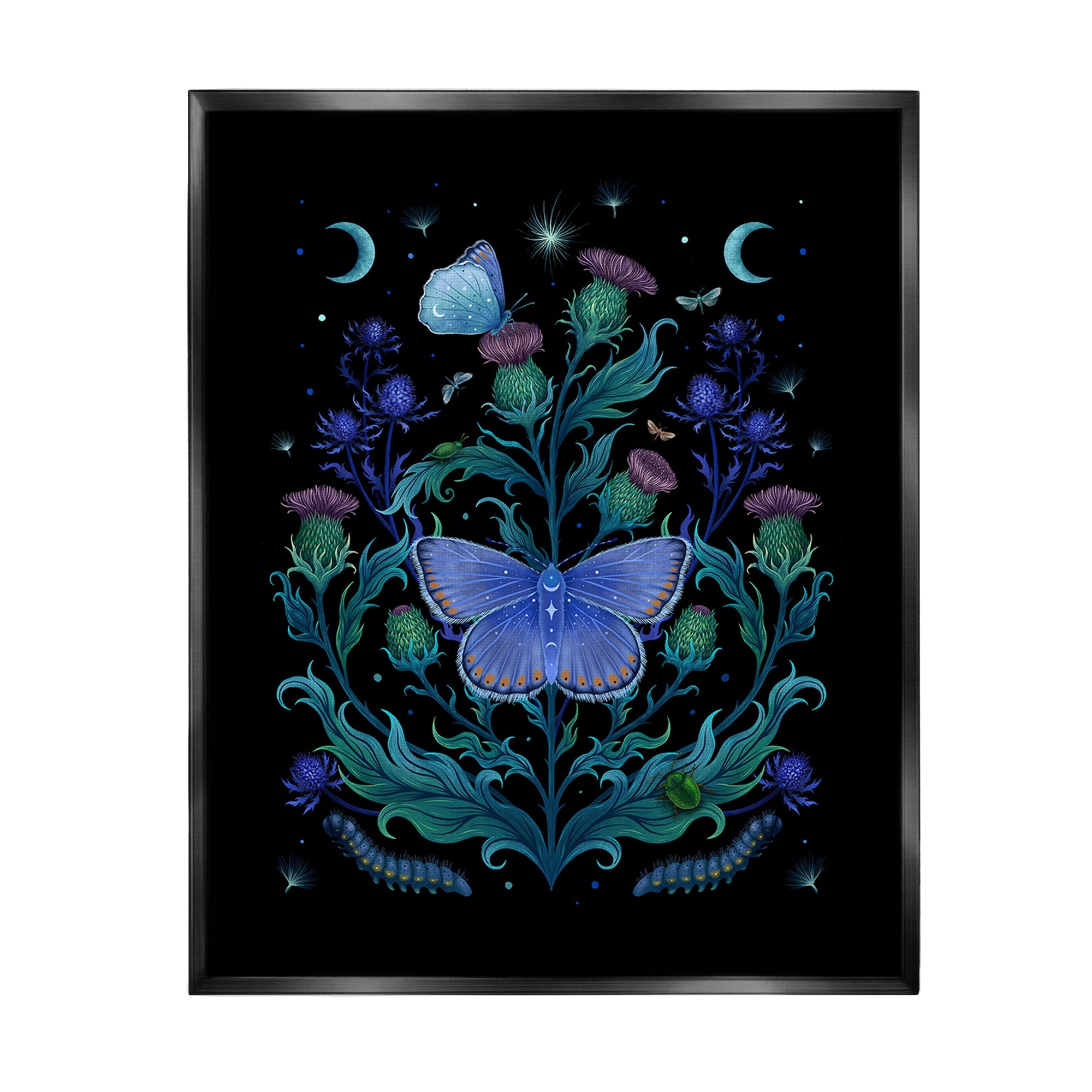 Stupell Industries Floral Night Sky Butterfly Animals & Insects Painting Black Floater Framed Canvas Art Print Wall Art, 17 x 21