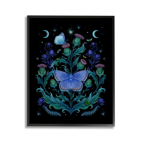 Stupell Industries Floral Night Sky Butterfly Animals & Insects Painting Black Framed Art Print Wall Art, 11 x 14