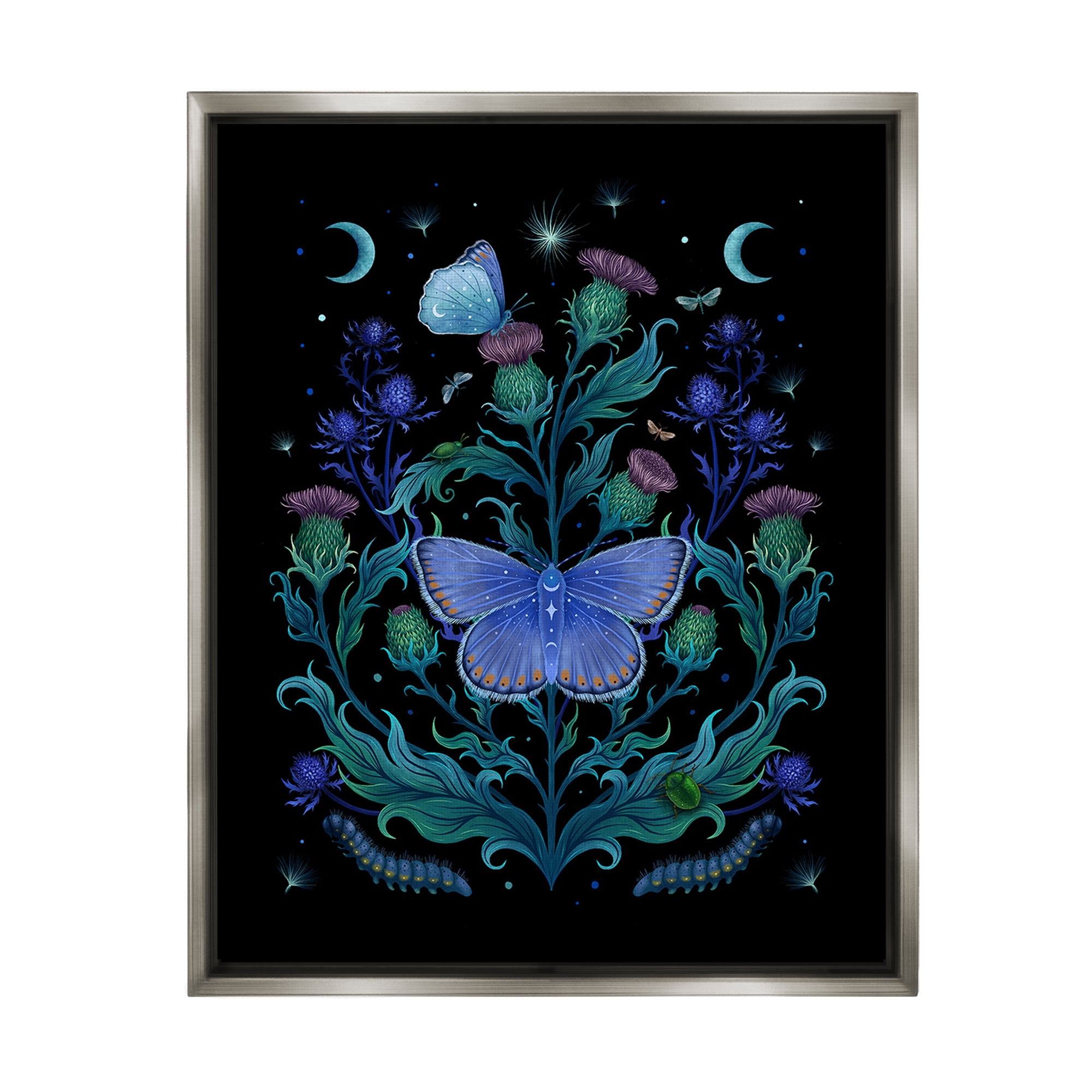 Stupell Industries Floral Night Sky Butterfly Animals & Insects Painting Gray Floater Framed Canvas Art Print Wall Art, 17 x 21