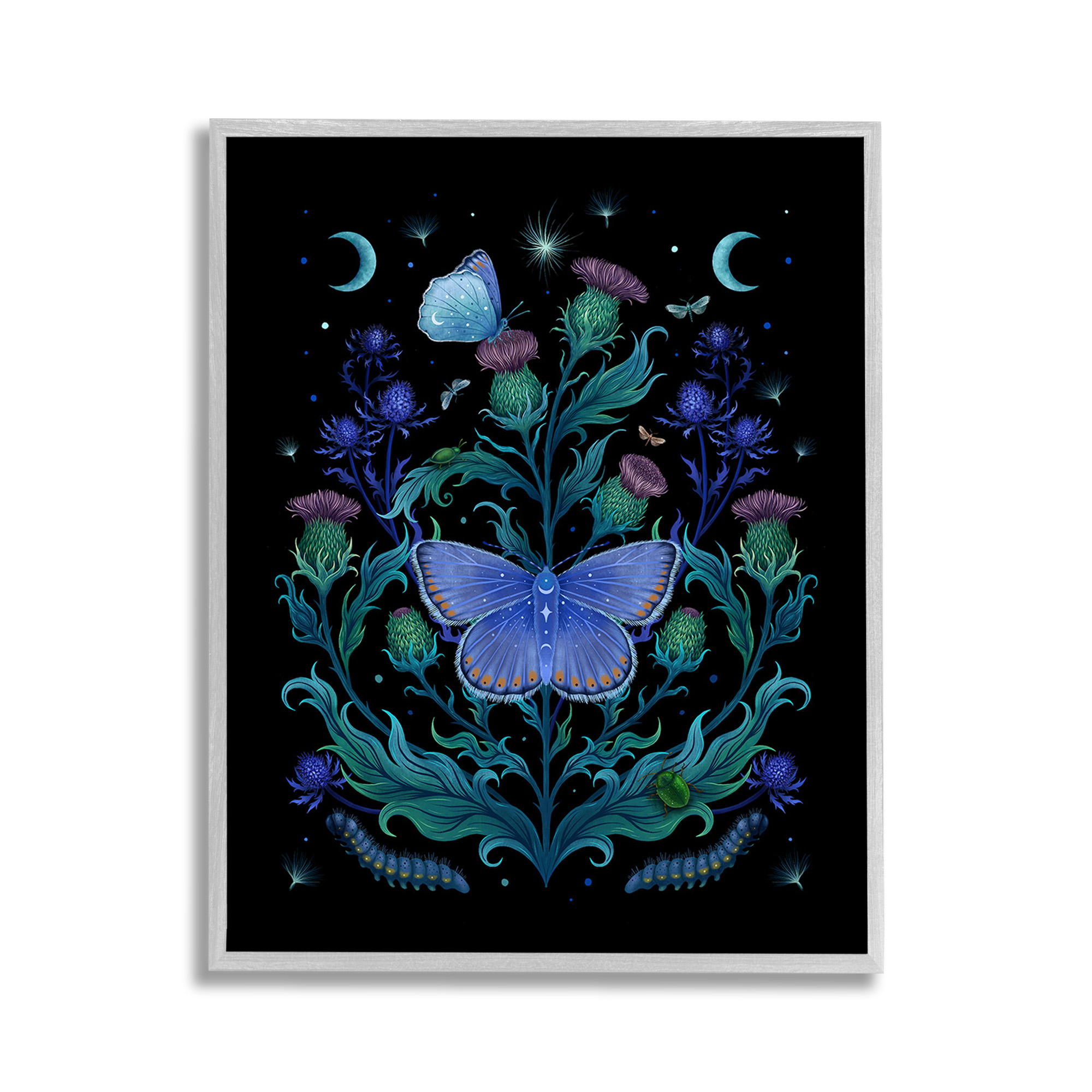Stupell Industries Floral Night Sky Butterfly Animals & Insects Painting Gray Framed Art Print Wall Art, 11 x 14