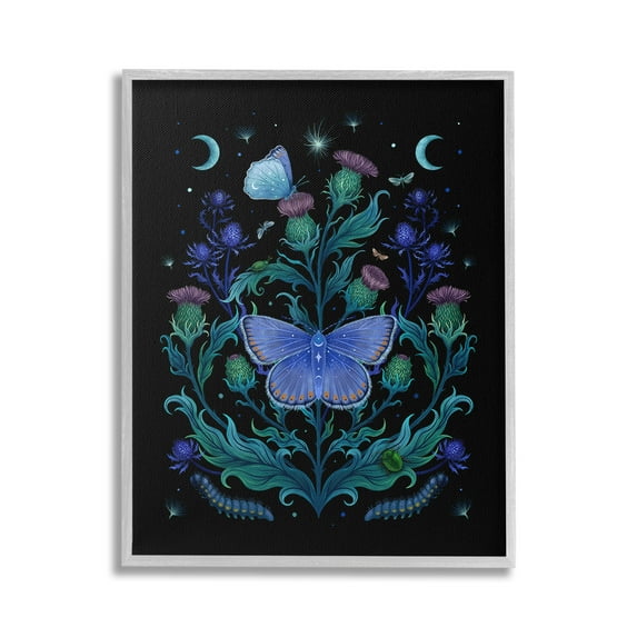 Stupell Industries Floral Night Sky Butterfly Animals & Insects Painting Gray Framed Art Print Wall Art, 16 x 20