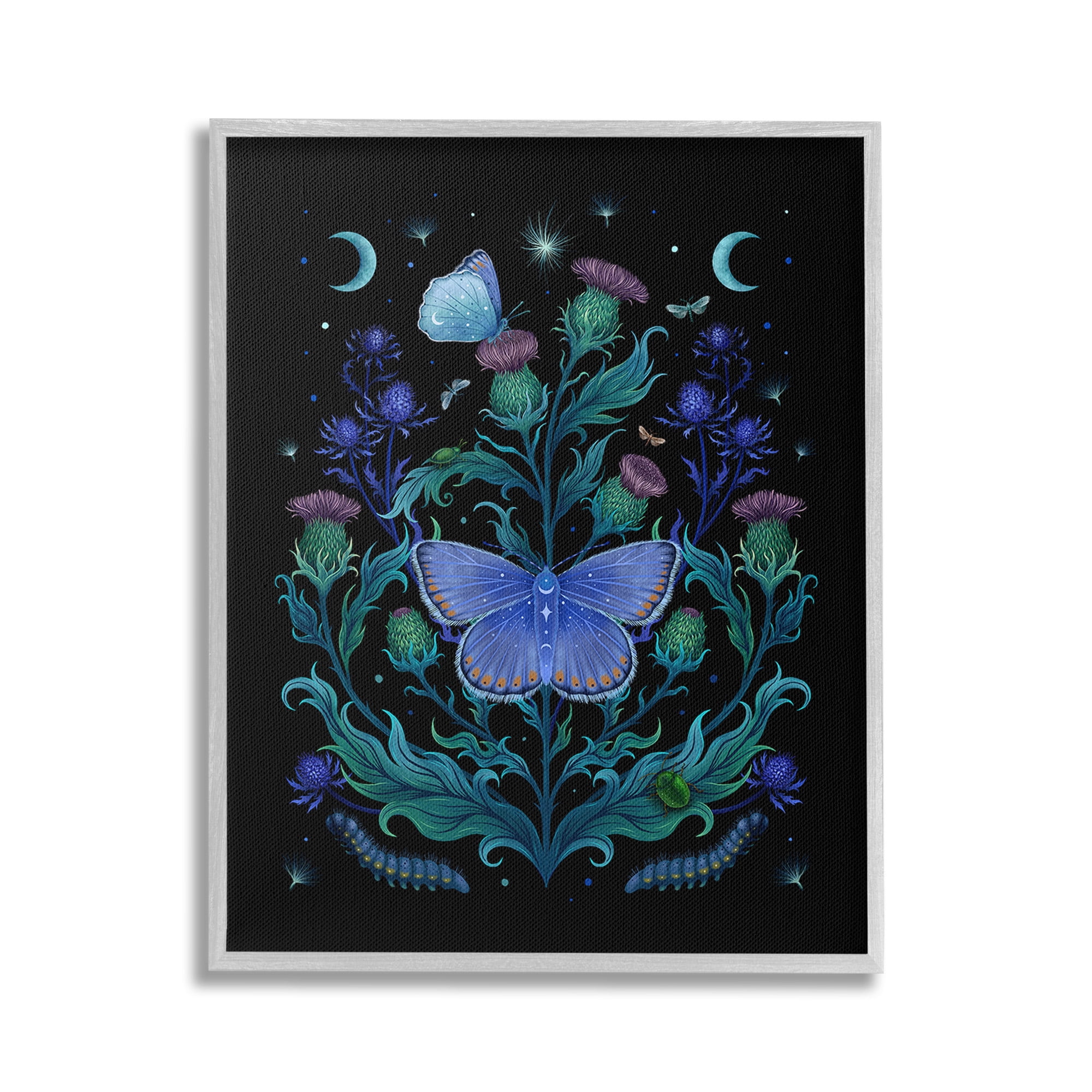 Stupell Industries Floral Night Sky Butterfly Animals & Insects Painting Gray Framed Art Print Wall Art, 24 x 30